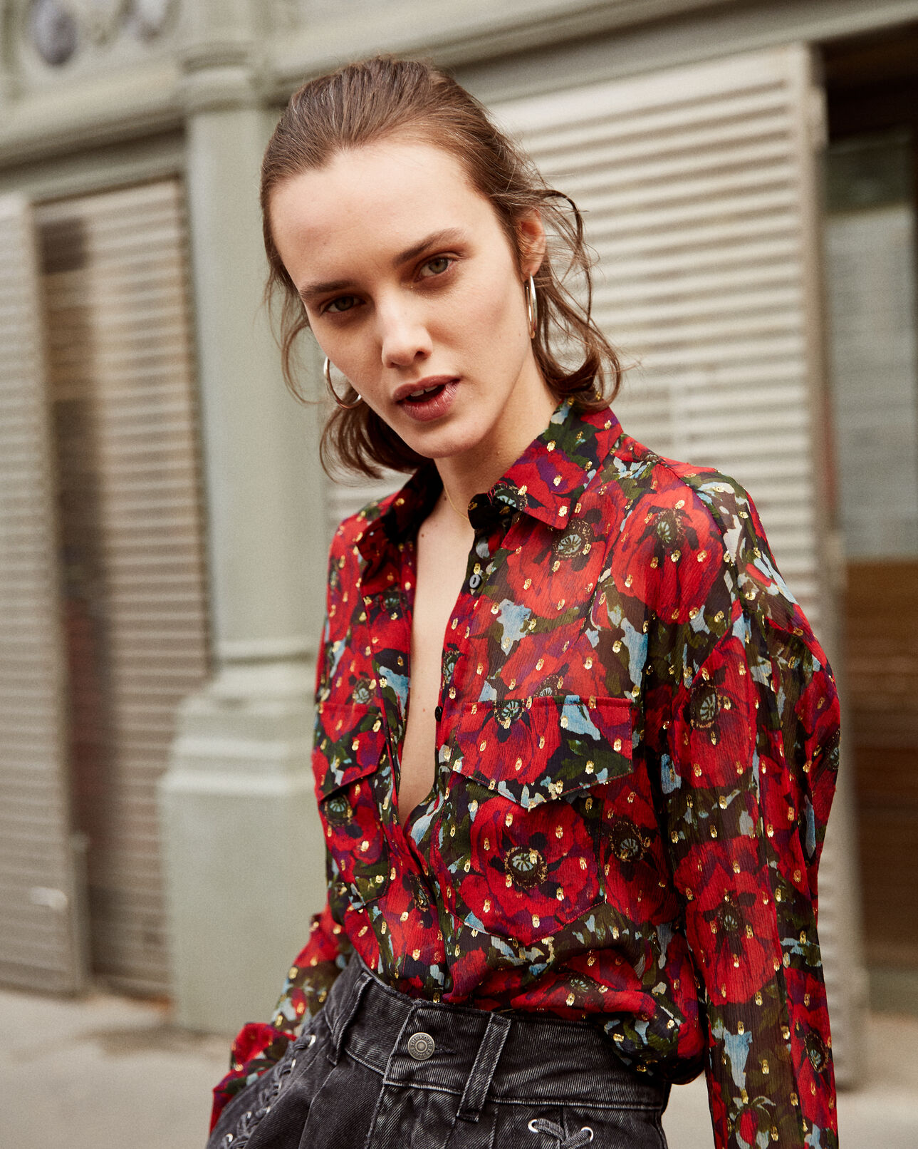 The Kooples MUJER RED / GREEN camisa de muselina de seda con estampado giant poppy