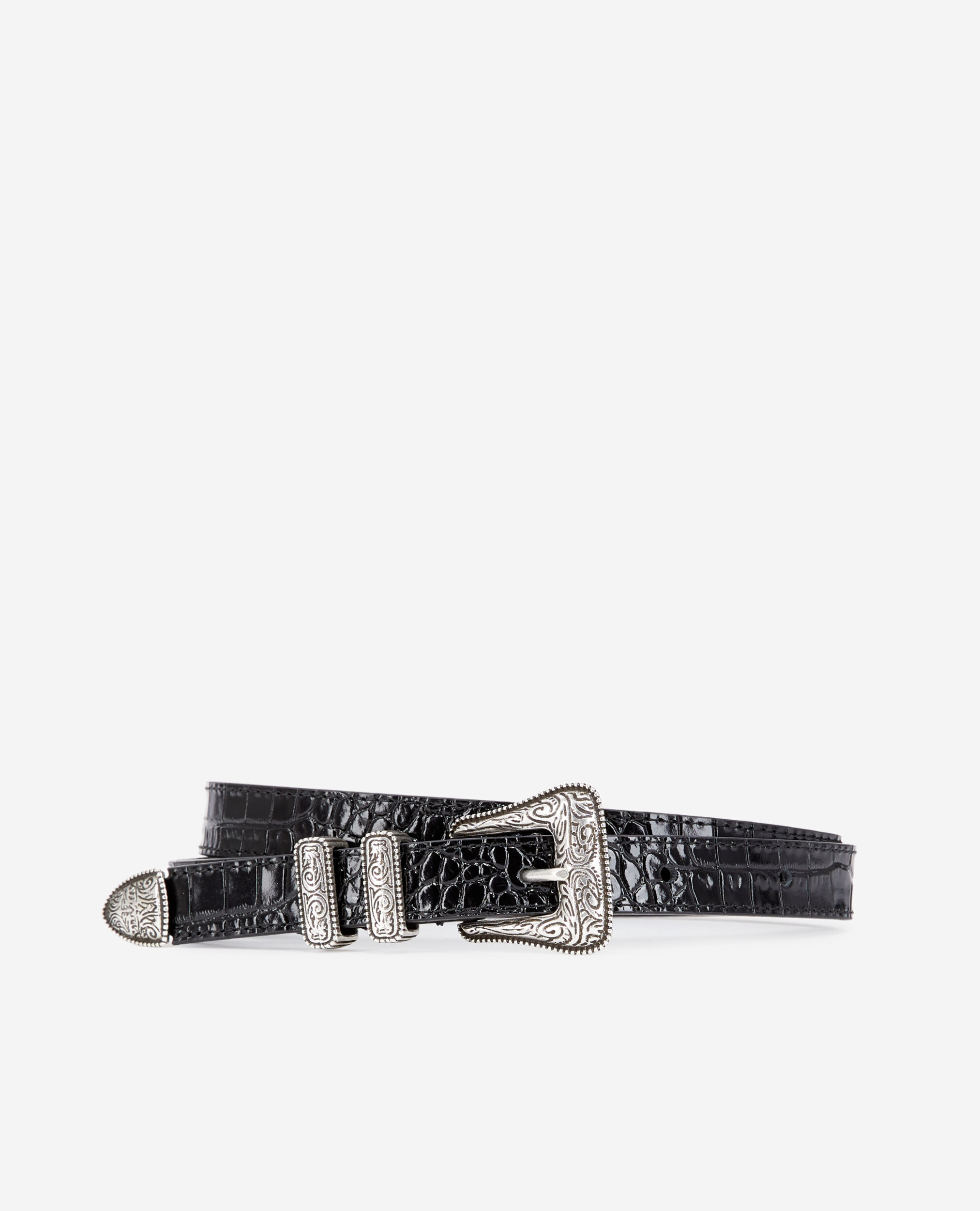 Black crocodile effect leather belt with Western buckle, BLACK, hi-res image number null