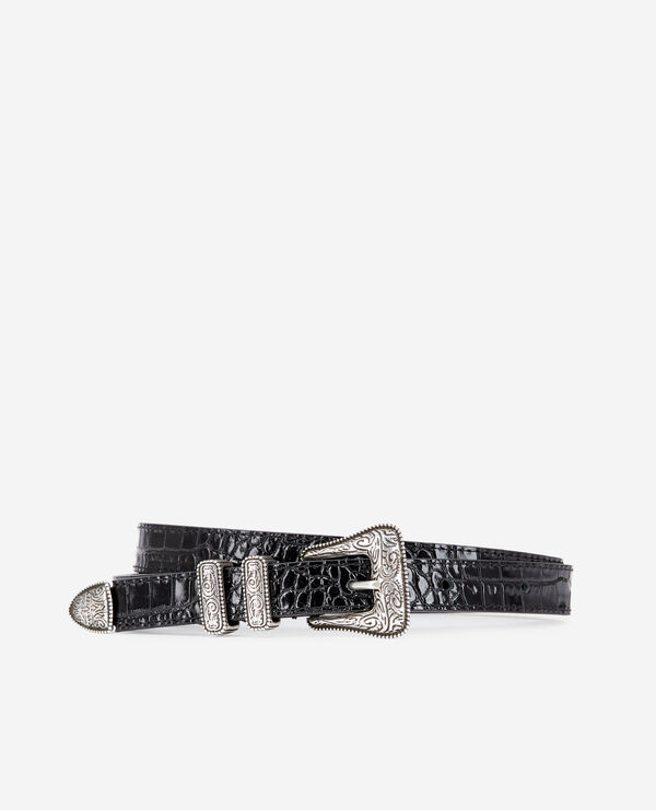 black crocodile effect leather belt with western buckle