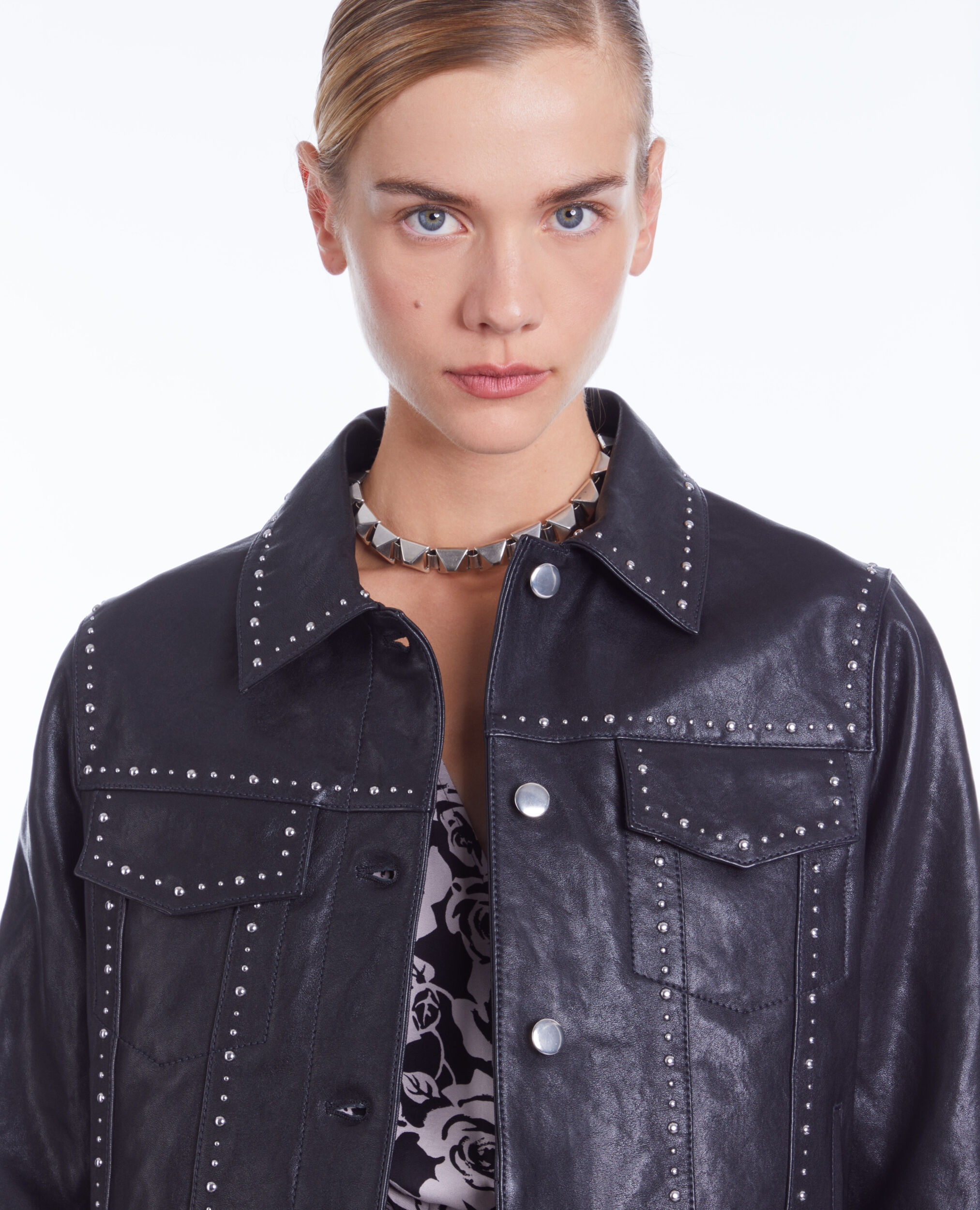Black leather jacket with studs, BLACK, hi-res image number null
