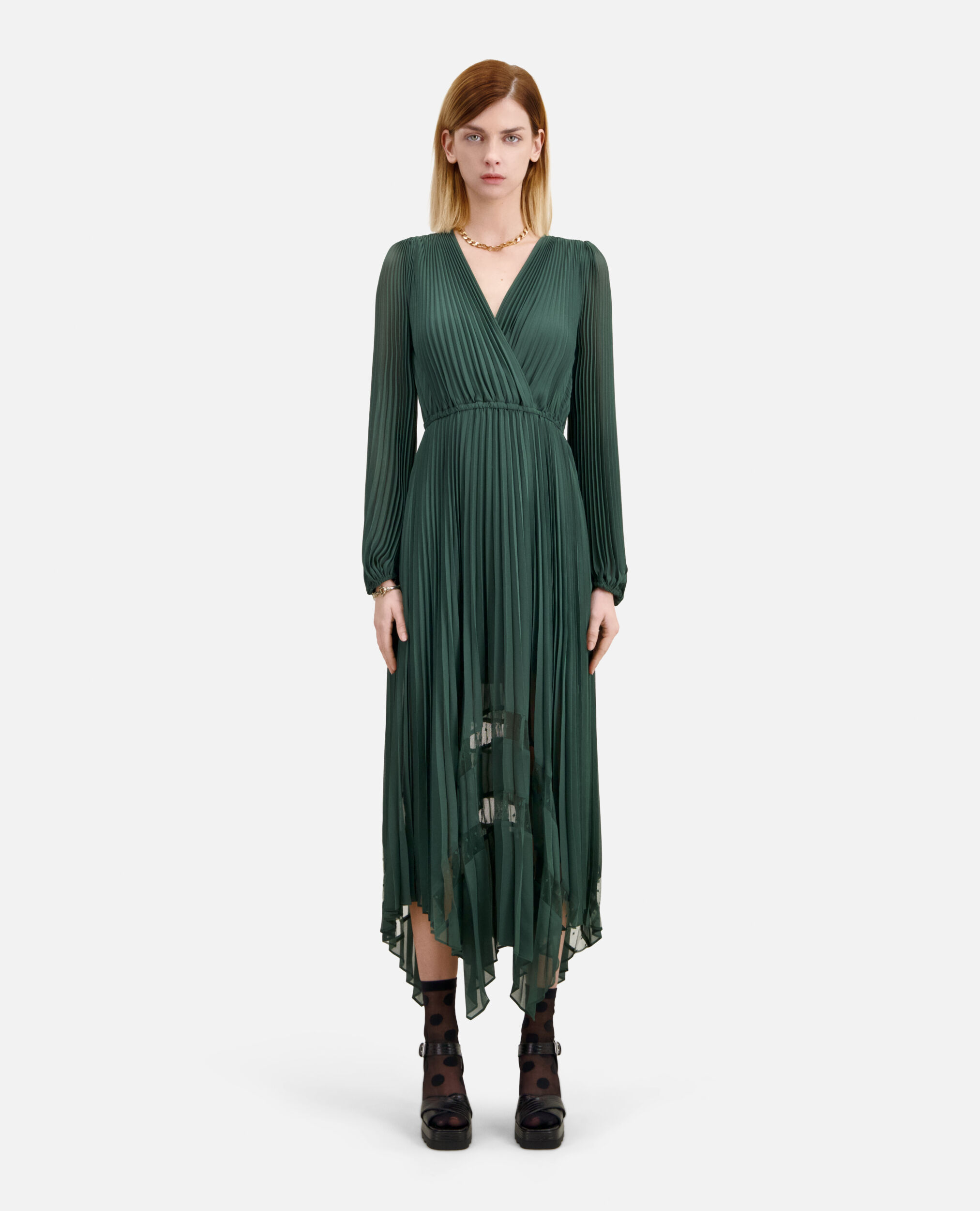 Green pleated long dress, WOOD KAKI, hi-res image number null