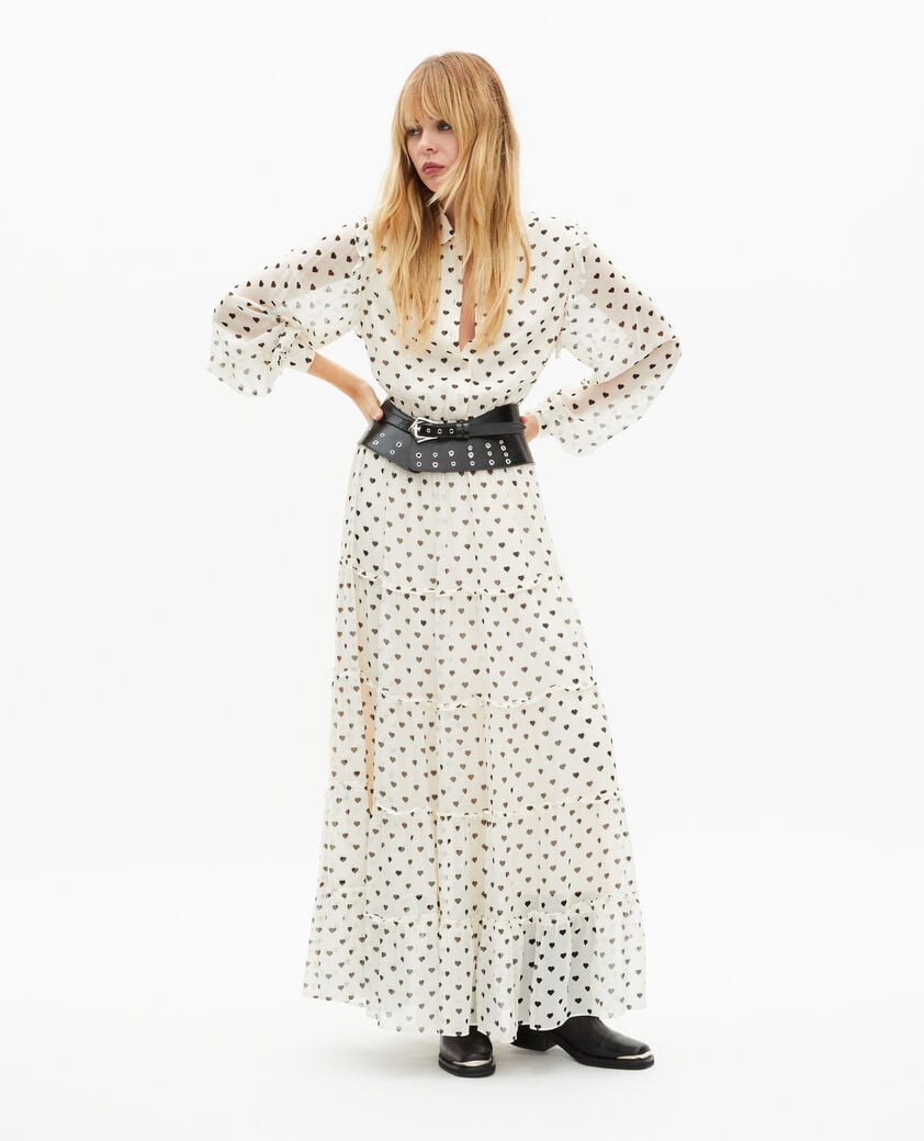 The Kooples FEMME WHITE / BLACK robe longue imprim&eacute; c&oelig;urs &eacute;crue