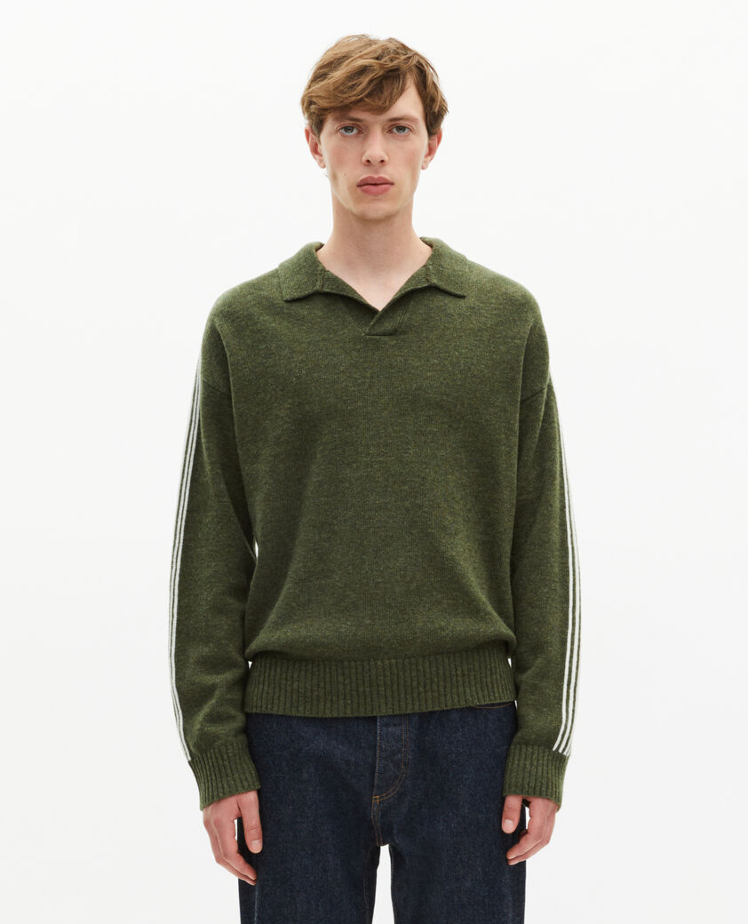 The Kooples HOMBRE GREEN jersey de cuello polo de lana con rayas caqui en contraste