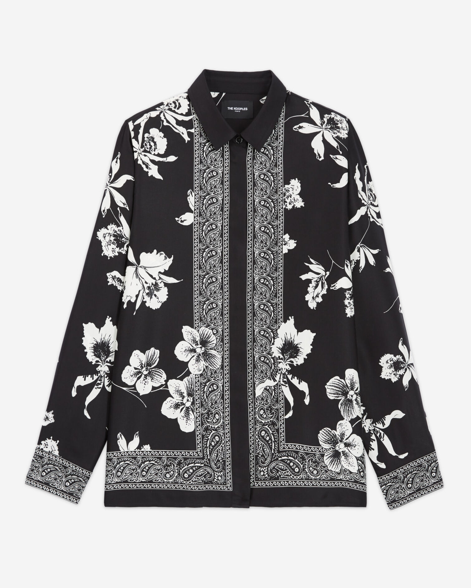 Chemise habillée femme satin motif fleuri, BLACK WHITE, hi-res image number null