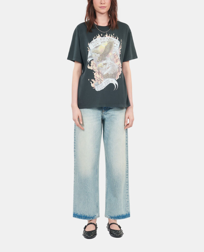 The Kooples DAMEN BLACK WASHED schwarzes t-shirt &bdquo;eagles on fire&ldquo;