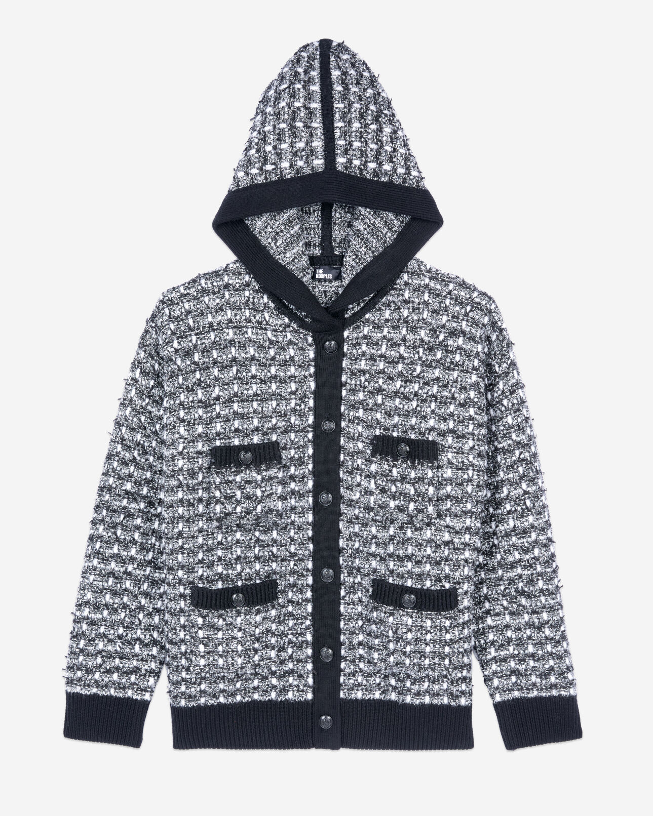 The Kooples FEMME BLACK / WHITE cardigan à capuche en tweed noir et blanc