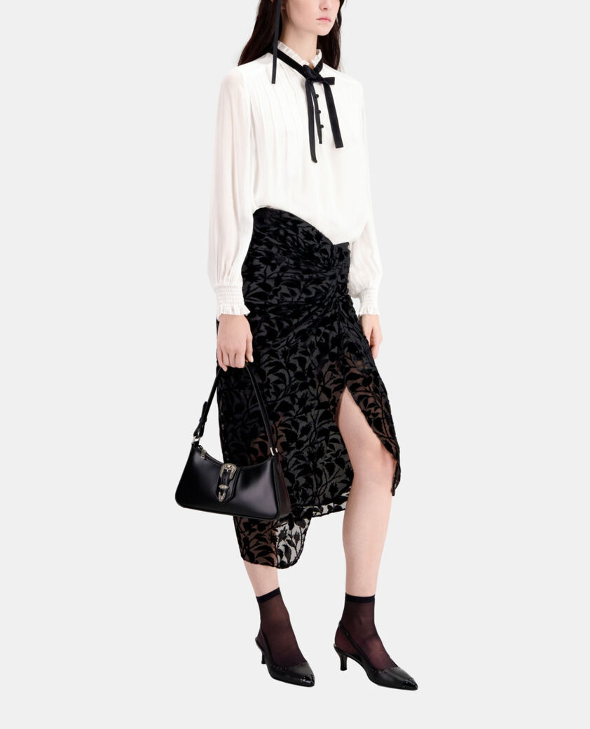 The Kooples FEMME BLACK jupe mi-longue noire en velours dévoré