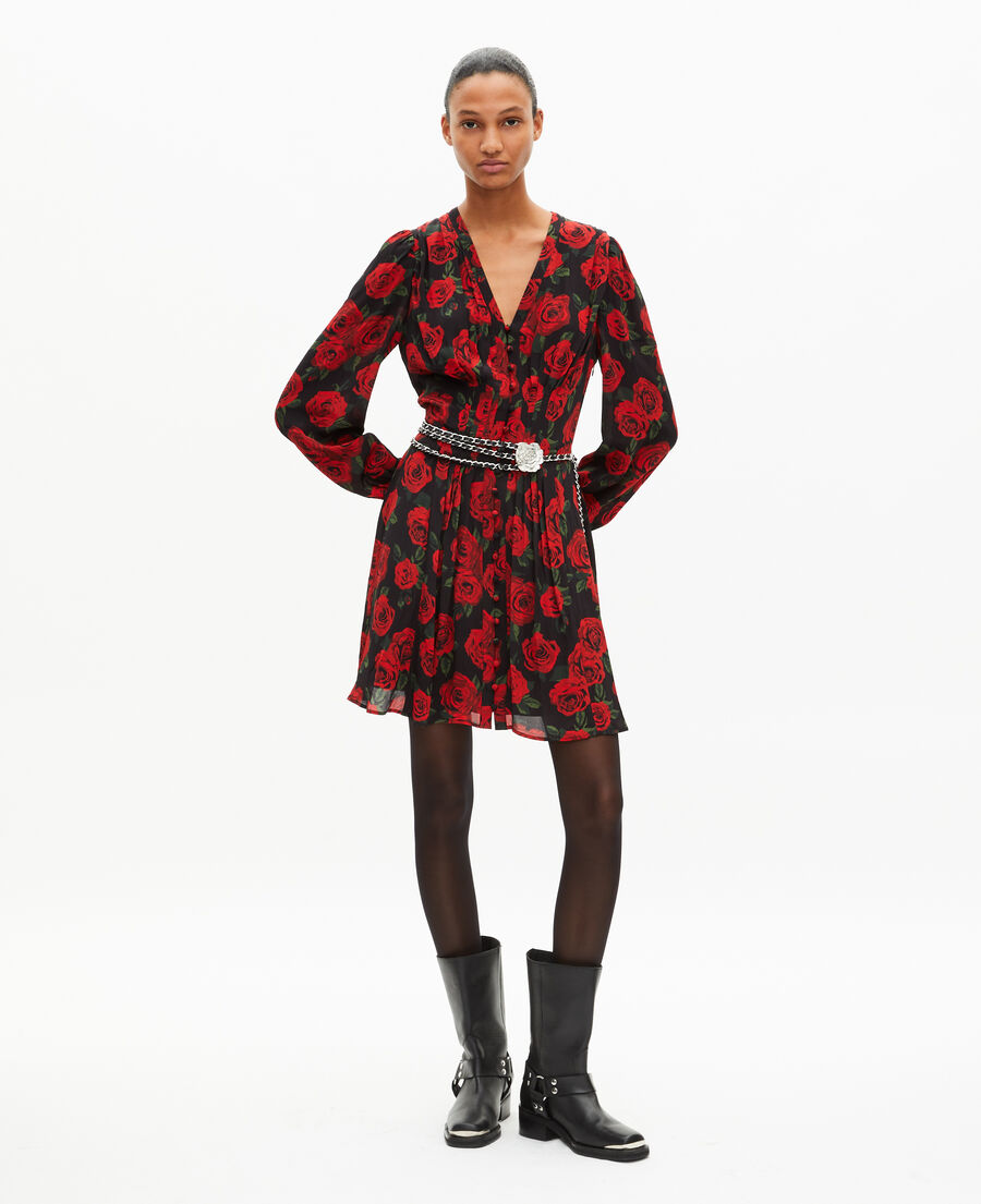 The Kooples FEMME BLACK - RED robe courte imprimé fleuri rouge