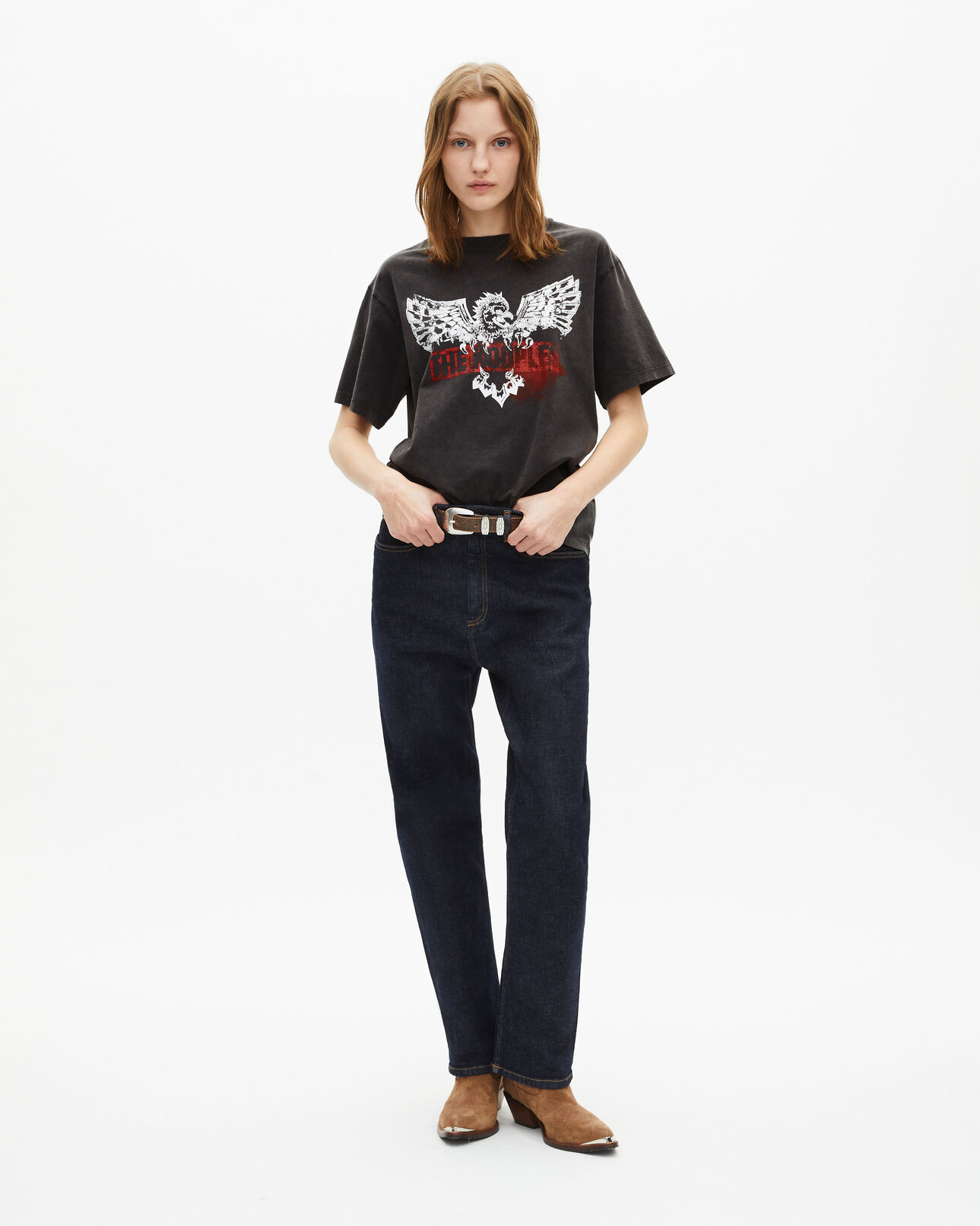 The Kooples WOMEN BLACK WASHED t-shirt with faded black screen print