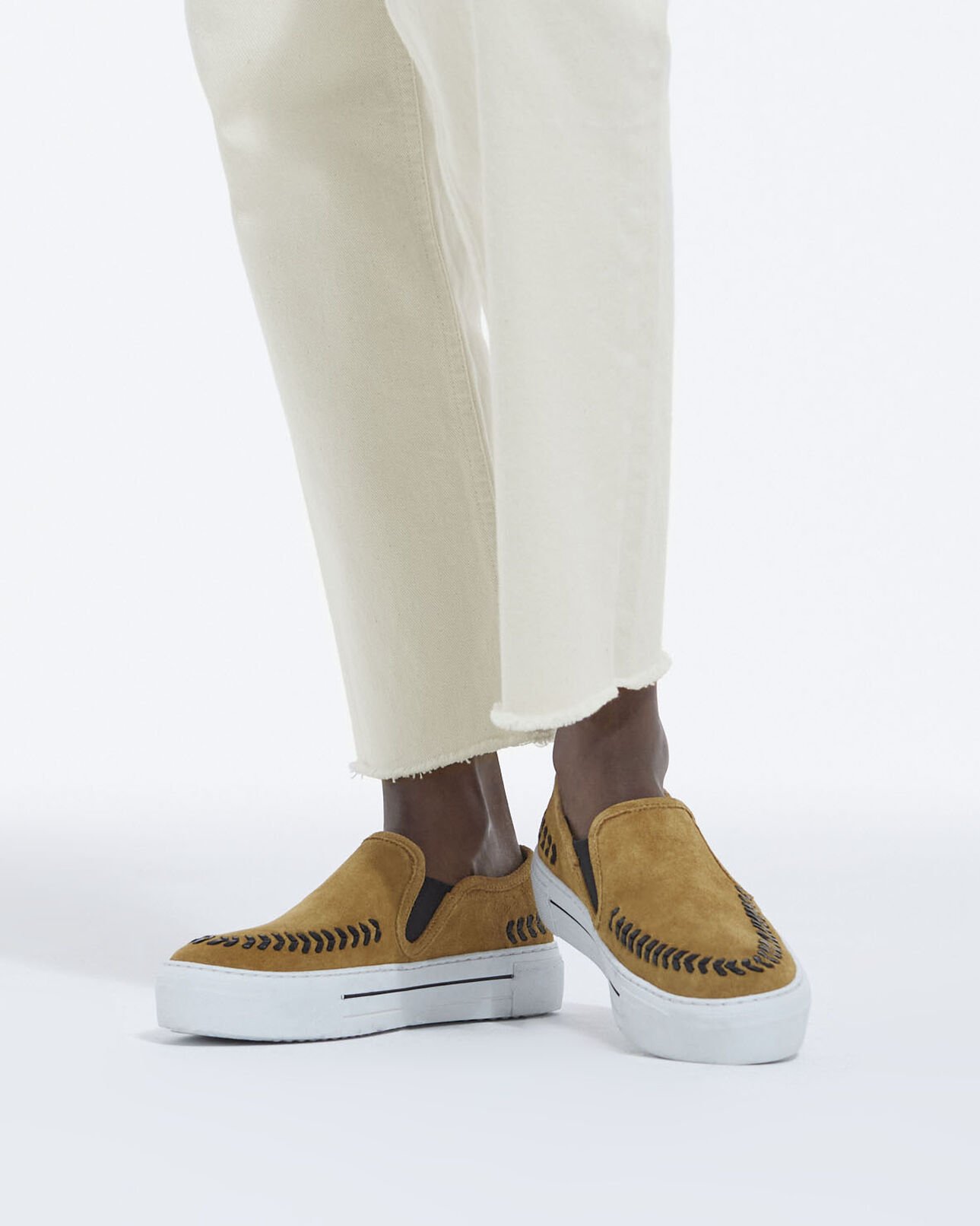 The Kooples WOMEN CAMEL low-top camel suede slip-on shoes with black details
