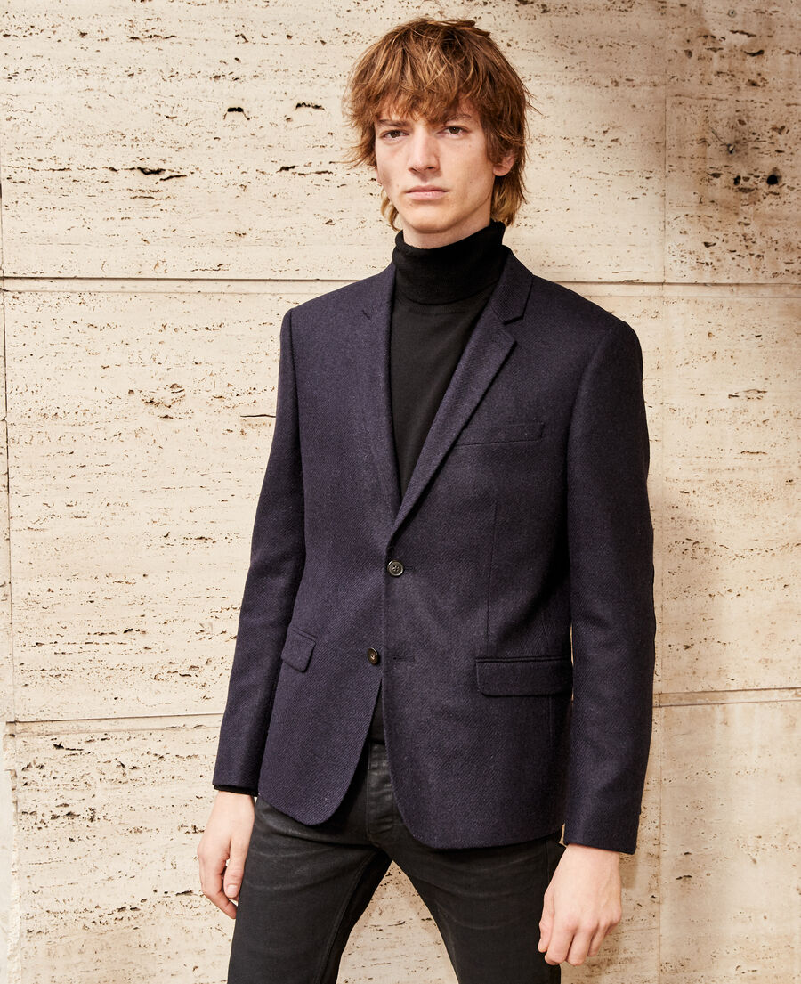 black wool jacket with leather elbow patches