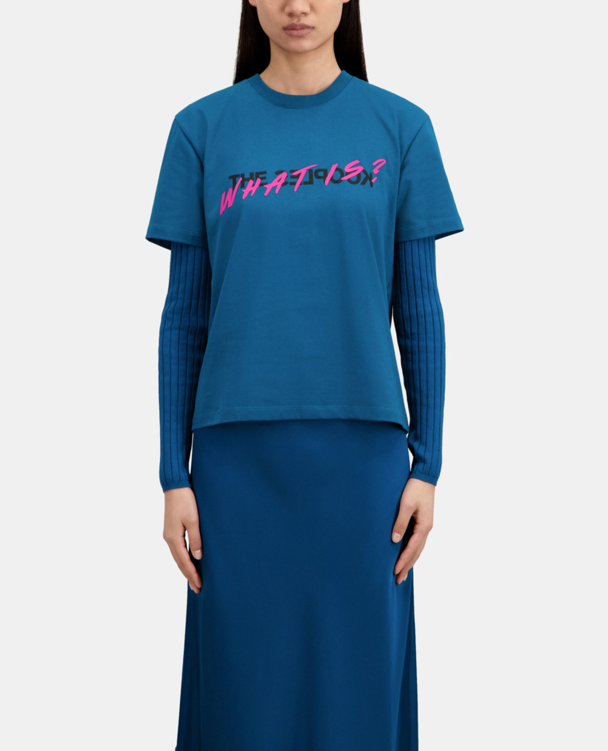Blaues T-Shirt Damen mit „What is“-Schriftzug, MEDIUM BLUE, hi-res image number null