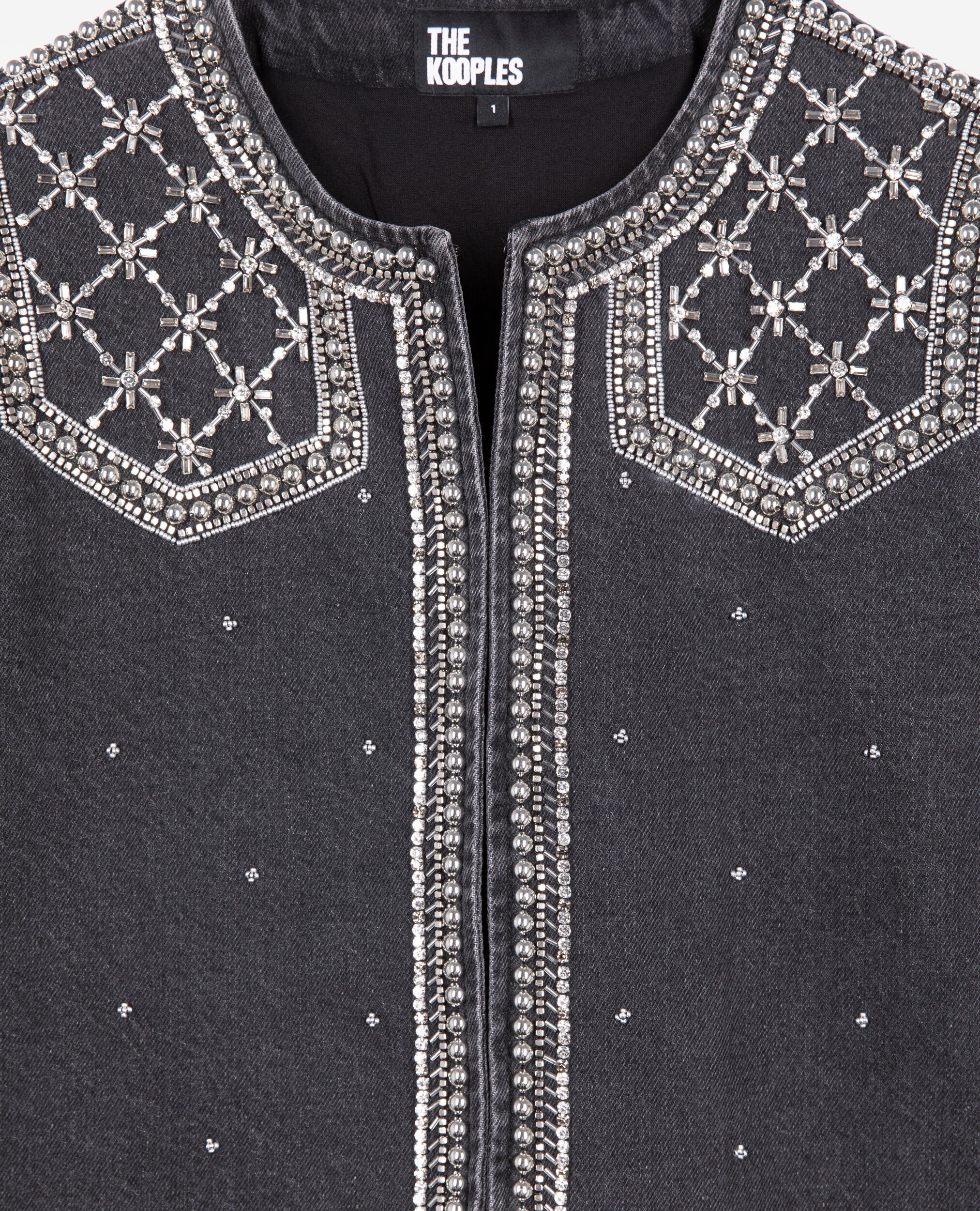 Jeansjacke mit grauen Nieten und Perlen, BLACK WASHED, hi-res image number null