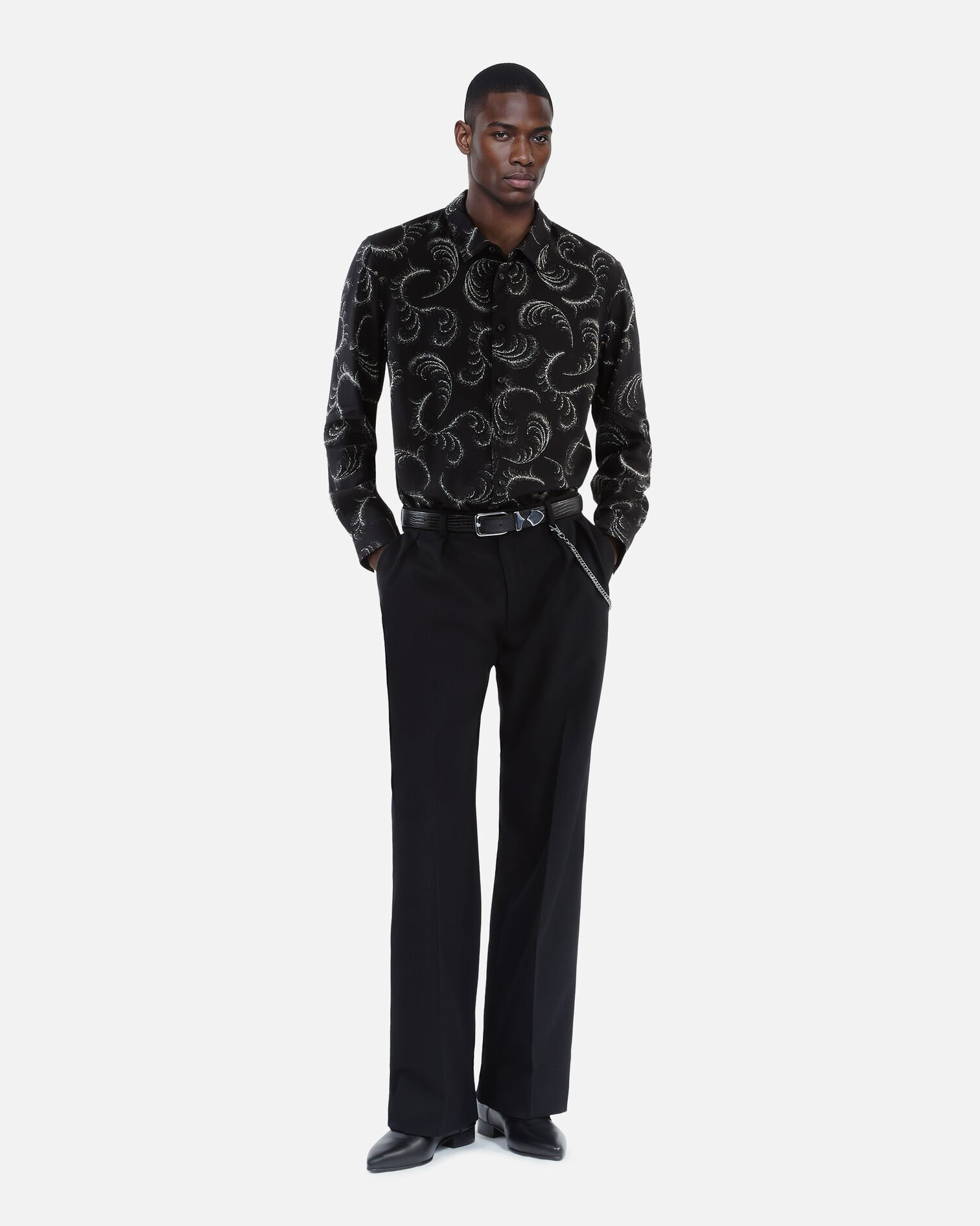 Feather print shirt, BLACK WHITE, hi-res image number null