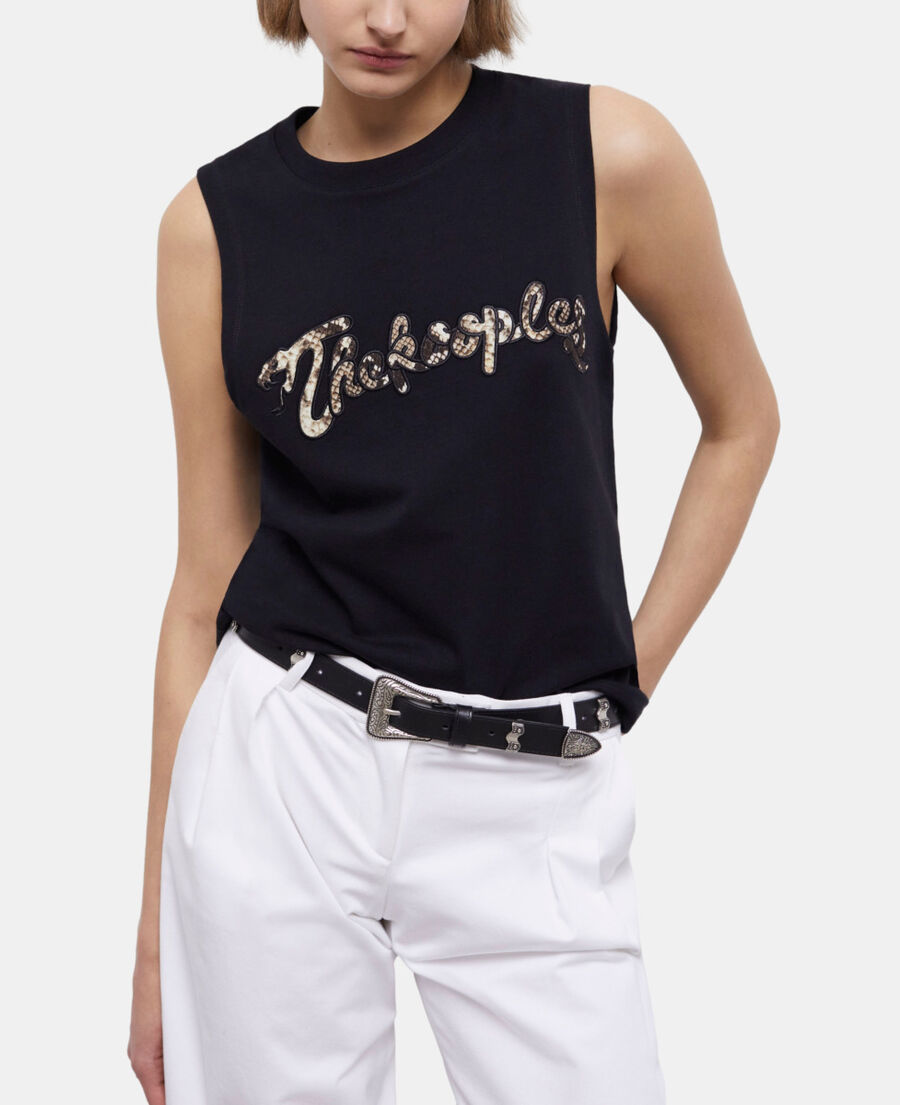 women's black t-shirt with snake logo print