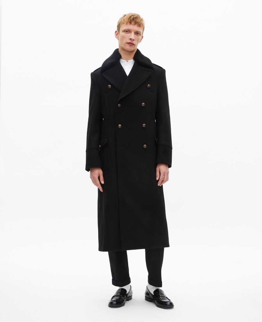 The Kooples MEN BLACK long coat with black sherpa collar