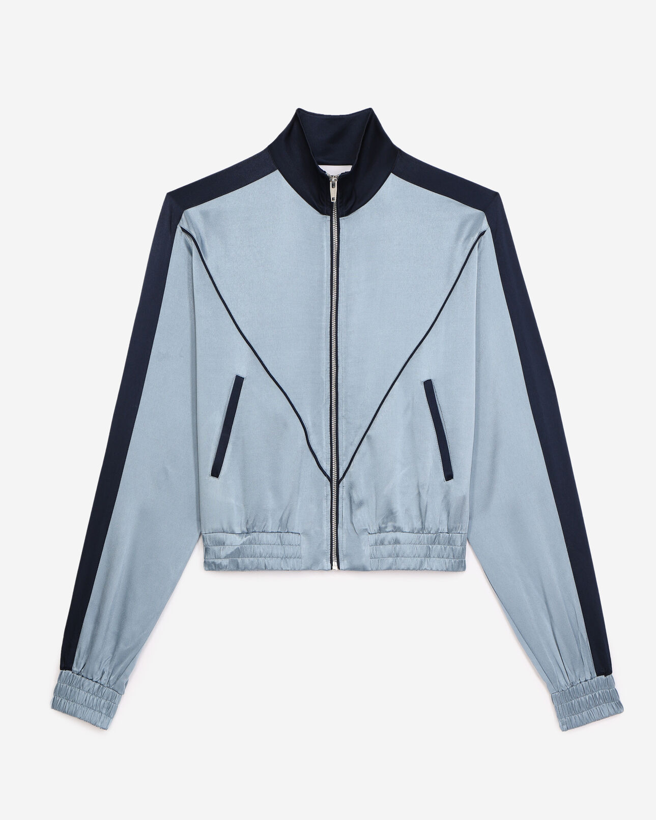 The Kooples FEMME BLUE sweat bleu ciel zippé bandes contrastées