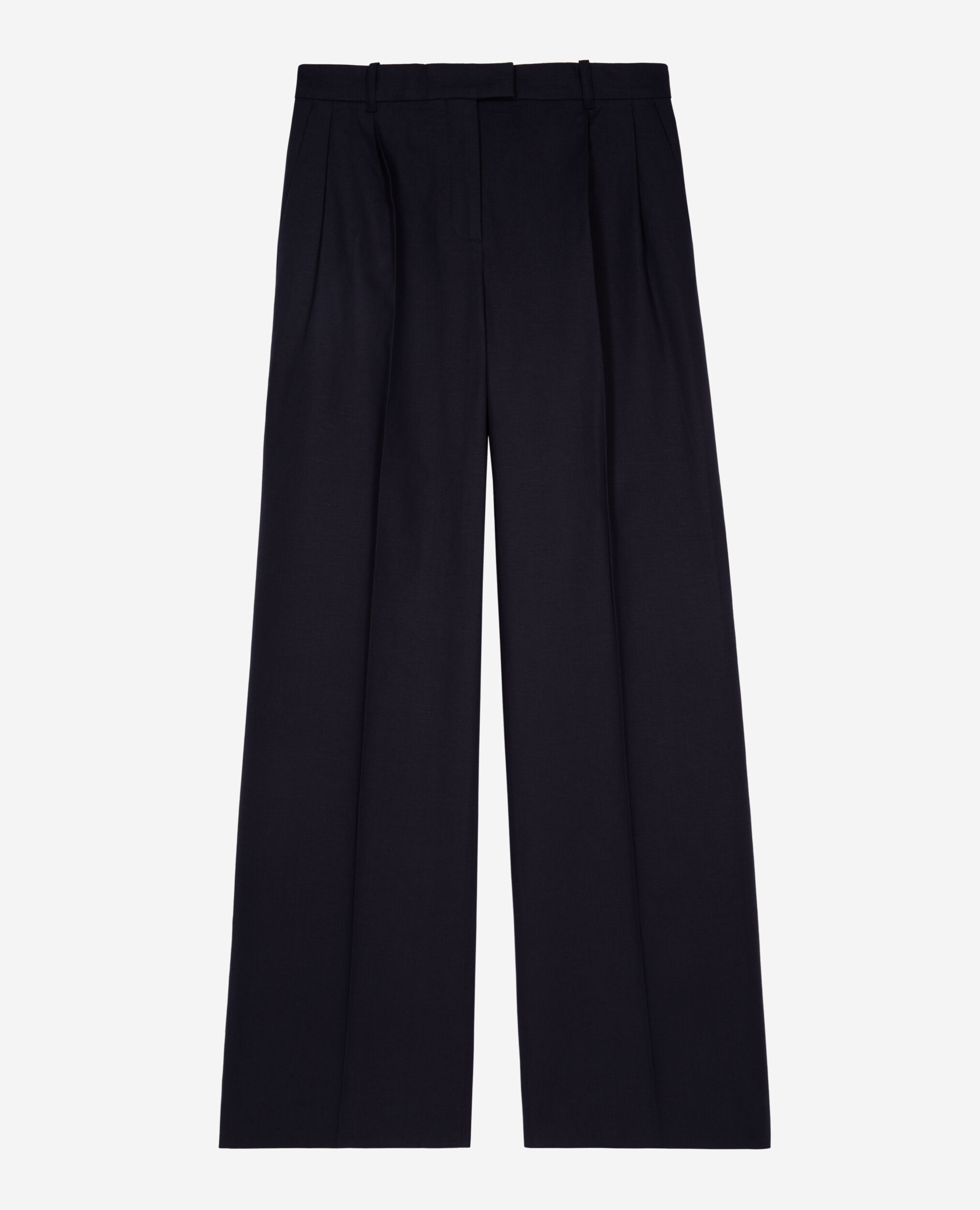 Straight-cut navy blue cotton and linen flared pants, NAVY, hi-res image number null