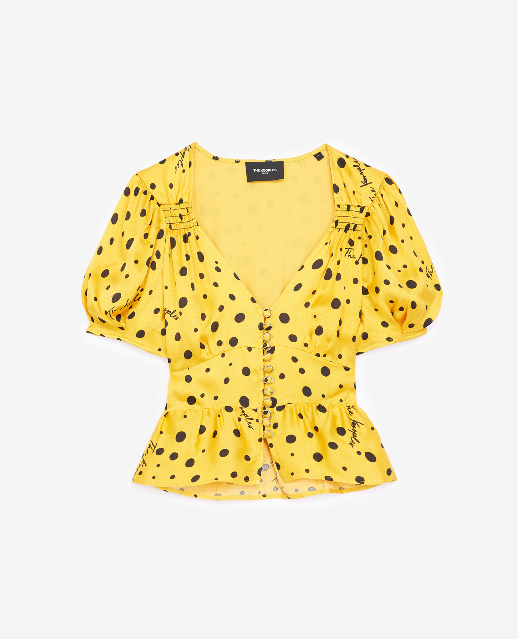Yellow top with black polka dots hot sale