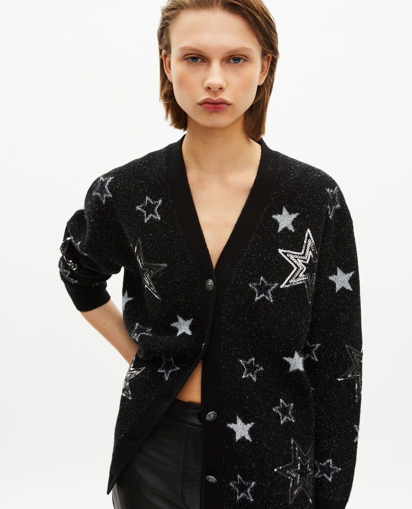 The Kooples FEMME BLACK cardigan en laine motif étoiles à sequins noir