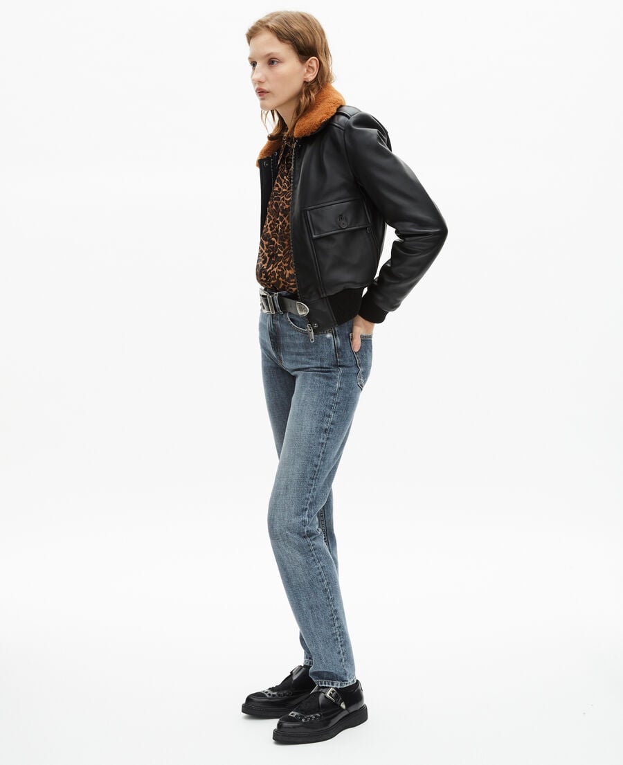 The Kooples WOMEN BLACK leather jacket with black sherpa collar