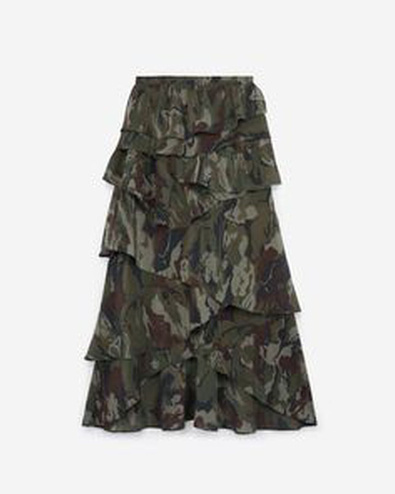 The Kooples WOMEN CAMOUFLAGE asymmetric viscose skirt with camouflage motif and frills