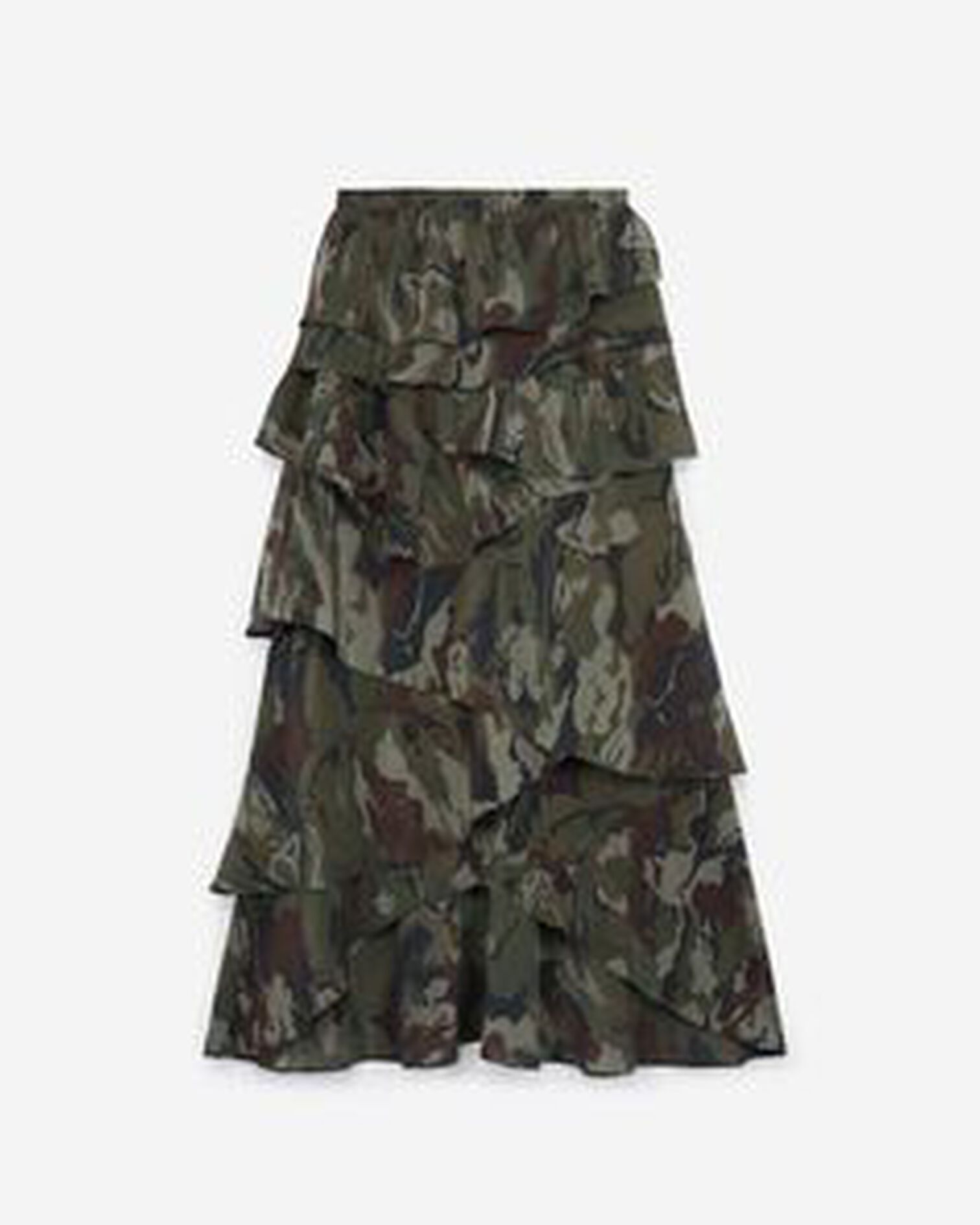 Asymmetric viscose skirt with camouflage motif and frills, CAMOUFLAGE, hi-res image number null