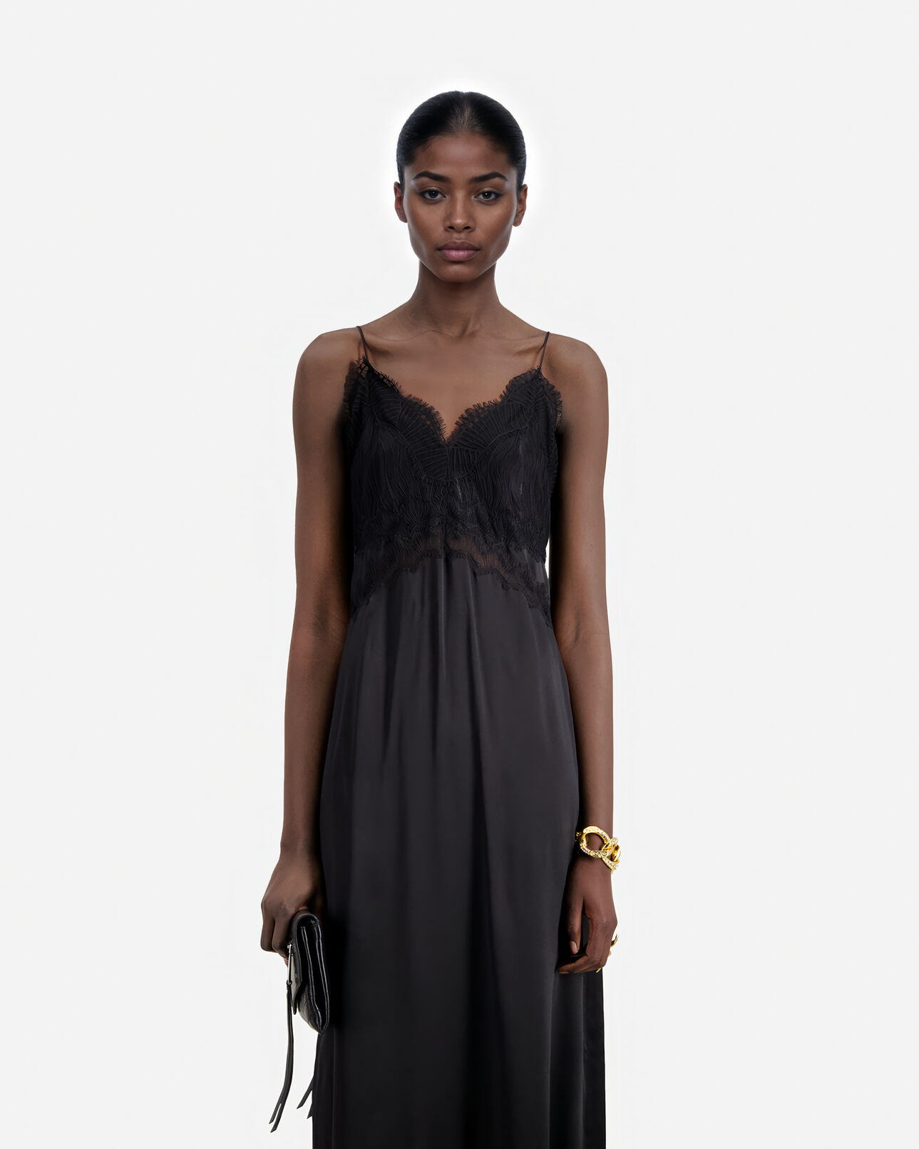 The Kooples WOMEN BLACK long black silk slip dress with lace details