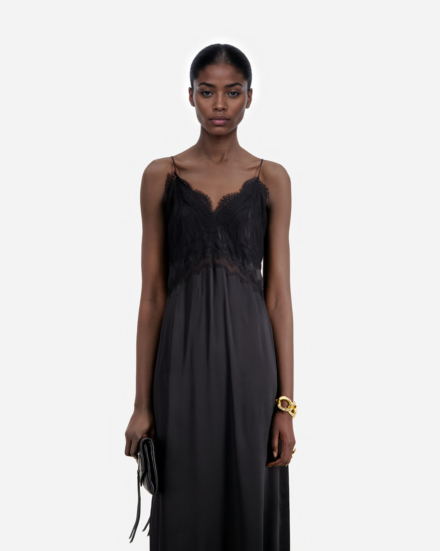 Long black silk slip dress with lace details, BLACK, hi-res image number null