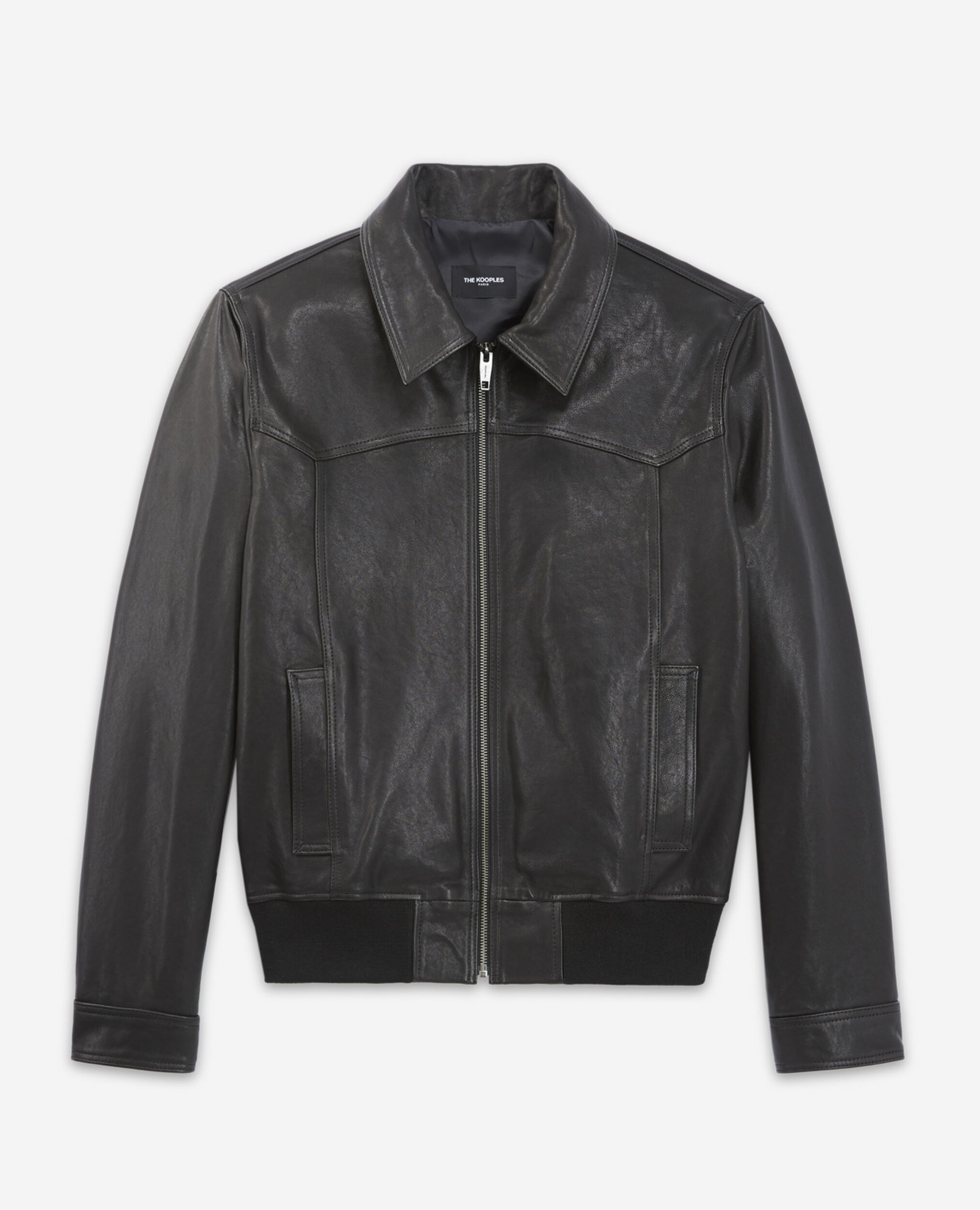 Aged-effect leather jacket with ribbed edges, BLACK, hi-res image number null