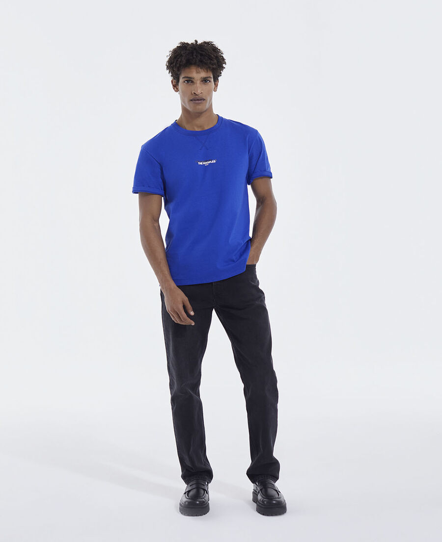 t-shirt bleu coton triple logo contrasté