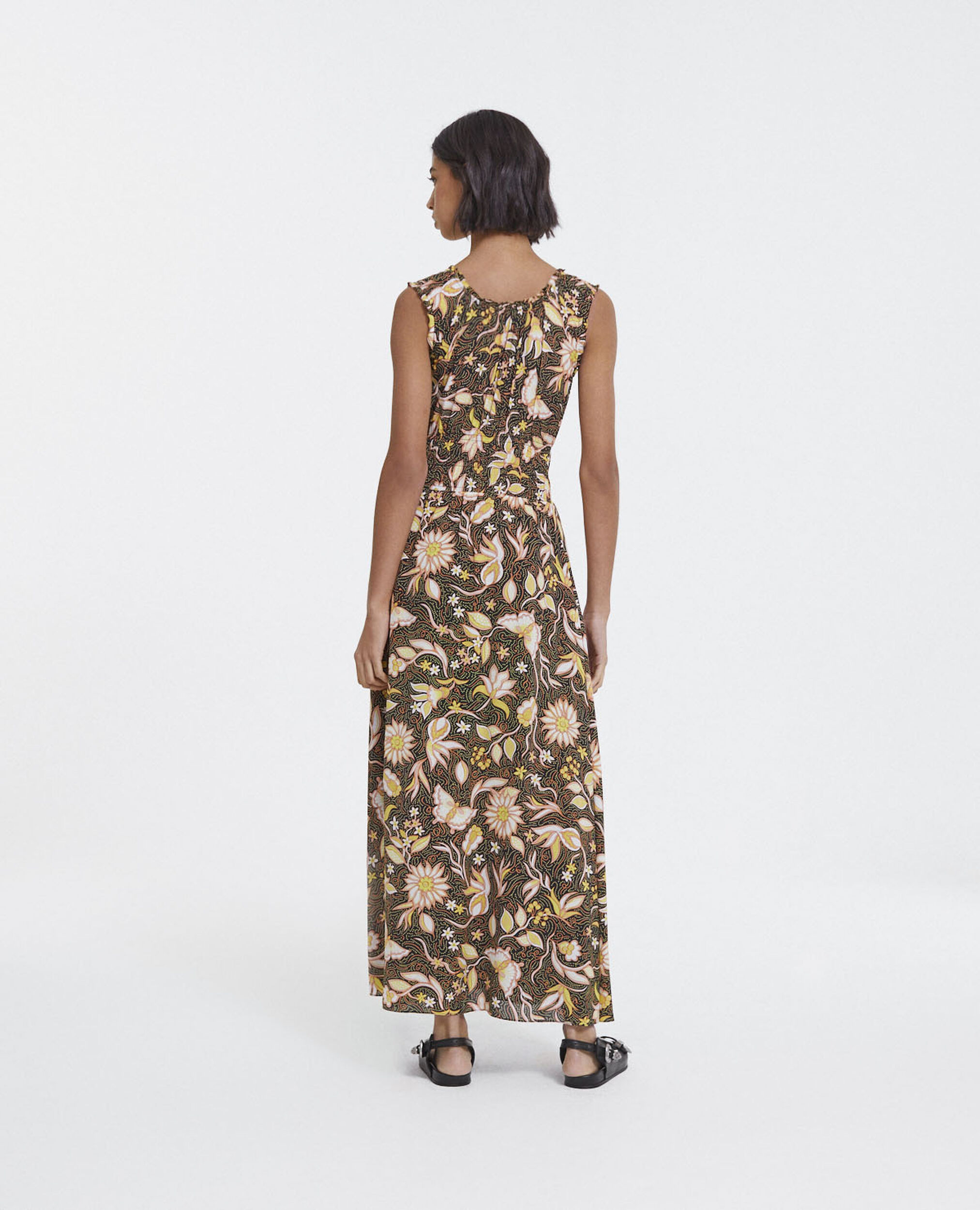Black long summer dress with all-over floral motif, BLACK, hi-res image number null