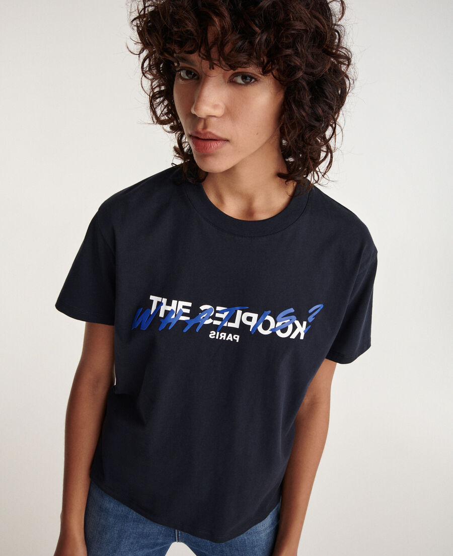  camiseta de algodón azul marino con estampado what is