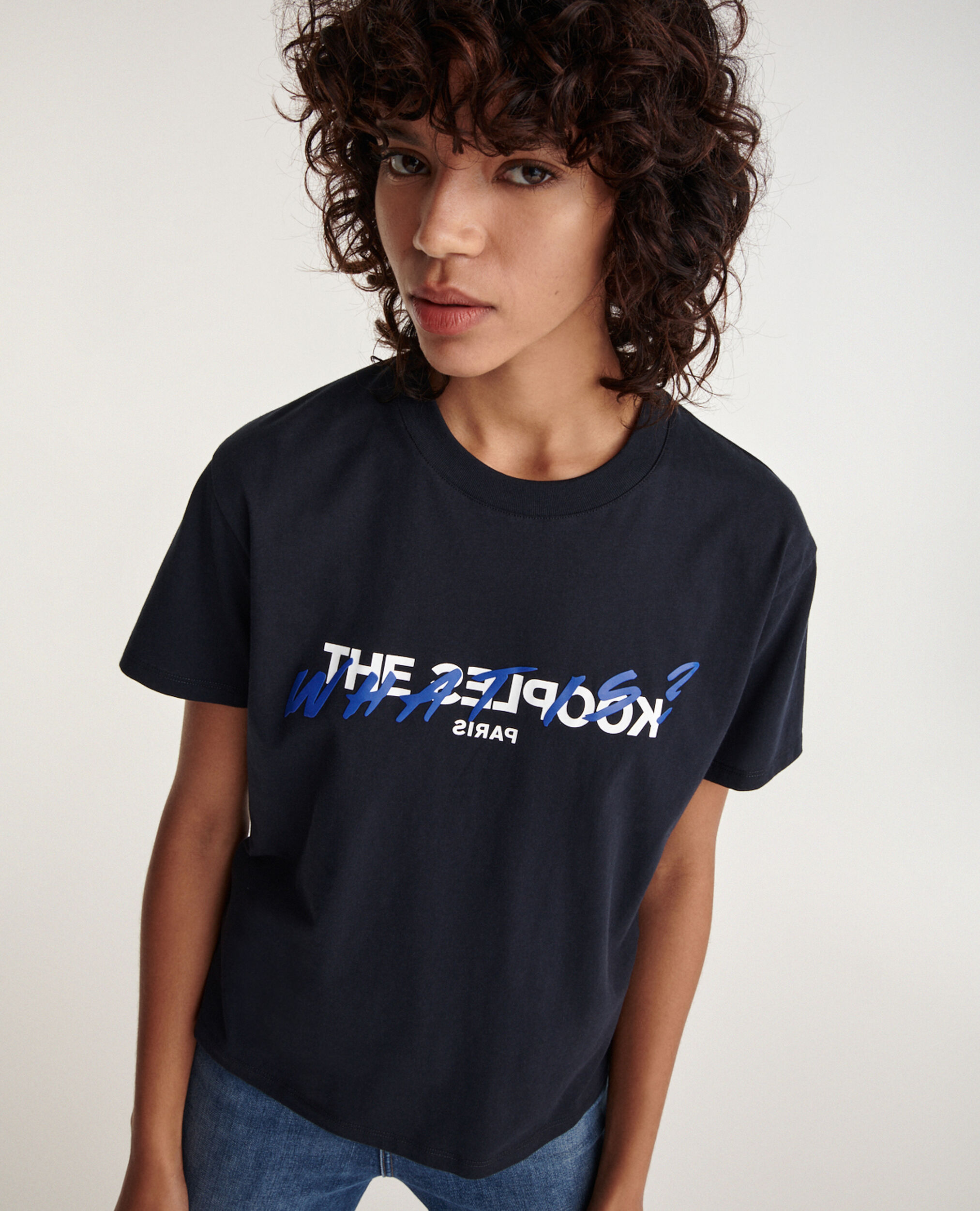 Navy cotton T-shirt with print what is, NAVY, hi-res image number null