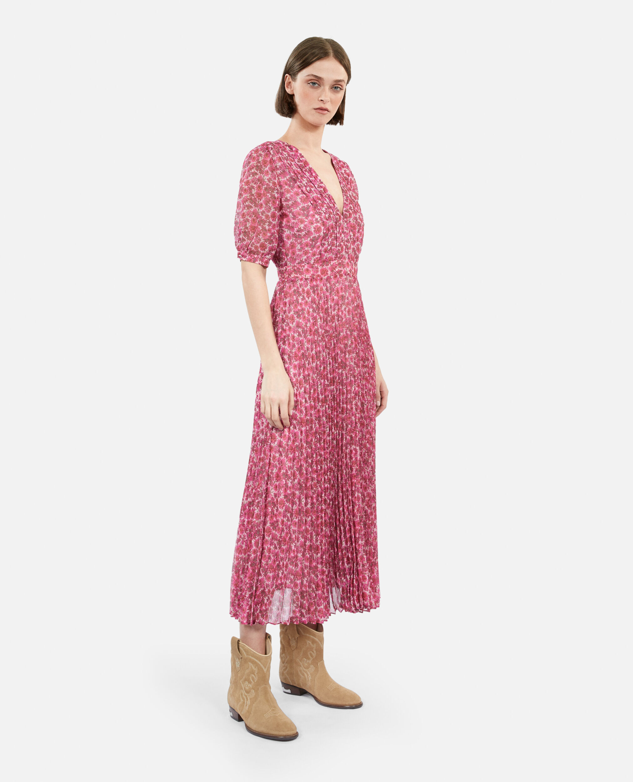 Printed pleated long dress, PINK, hi-res image number null