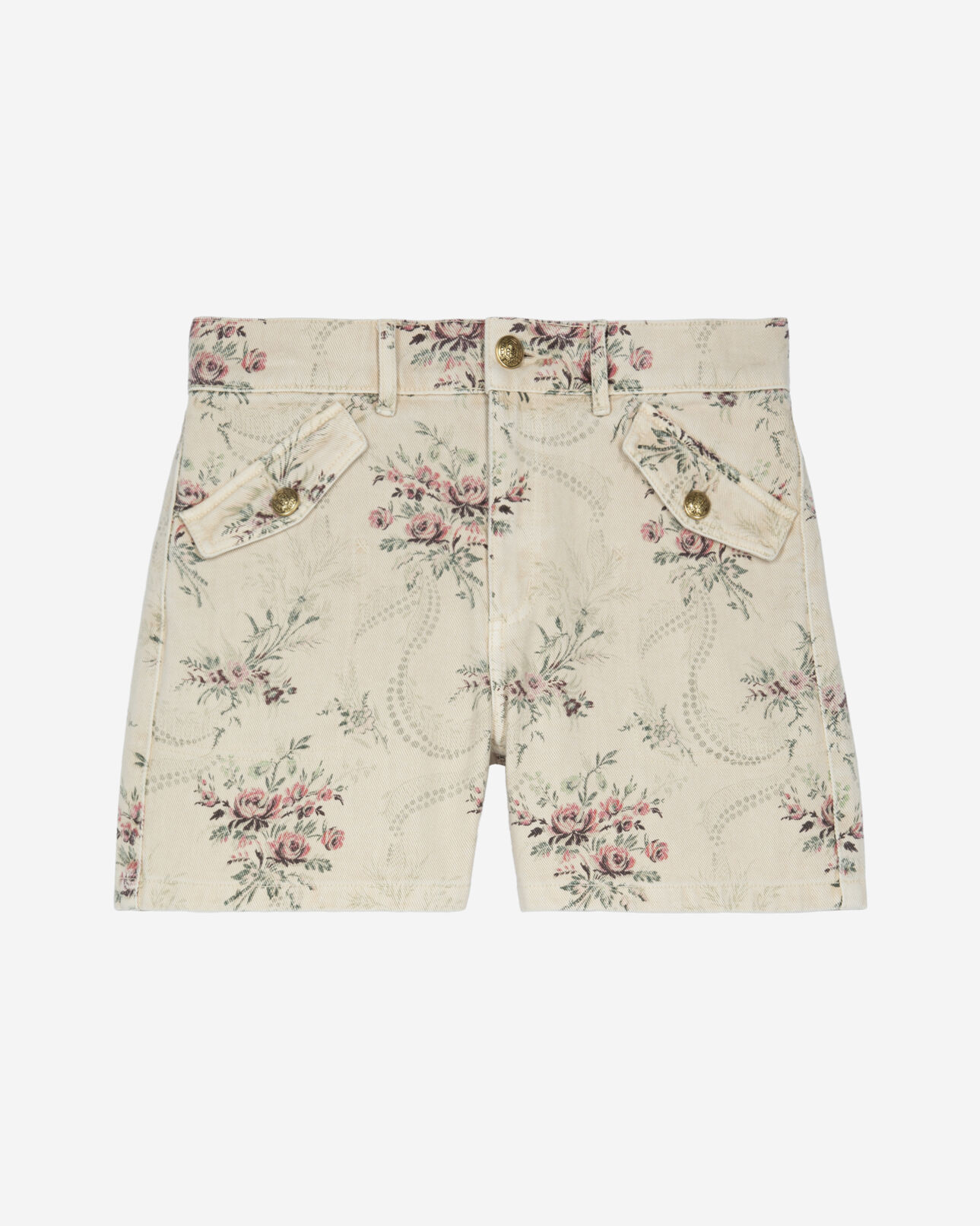 The Kooples WOMEN BEIGE TAUPE floral print shorts in beige denim