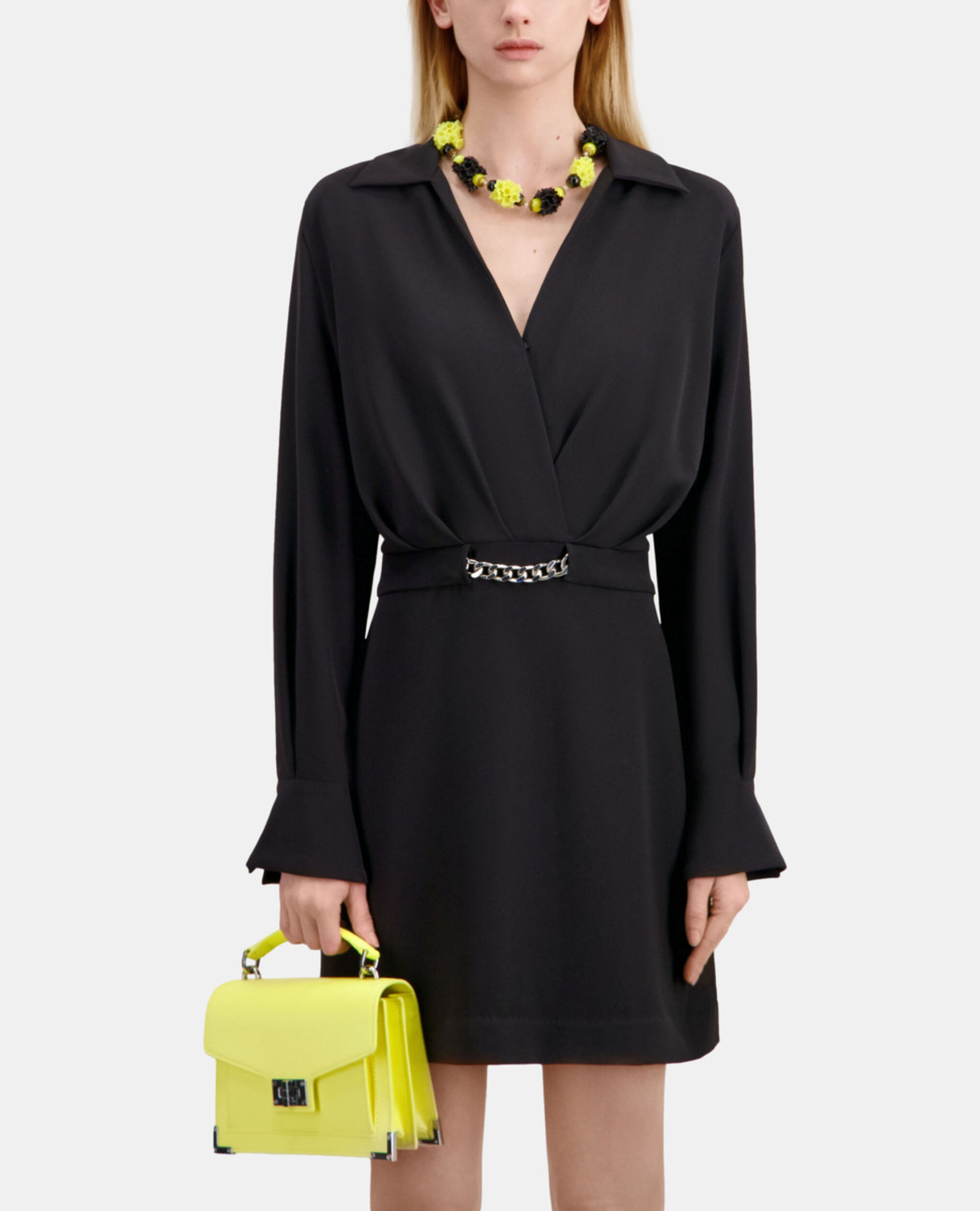 Short black crepe dress with chain, BLACK, hi-res image number null