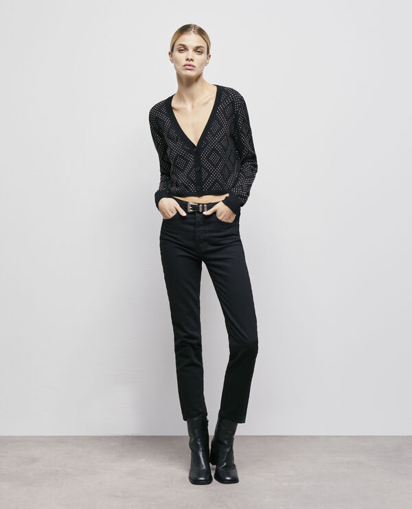 black cardigan with rhinestones