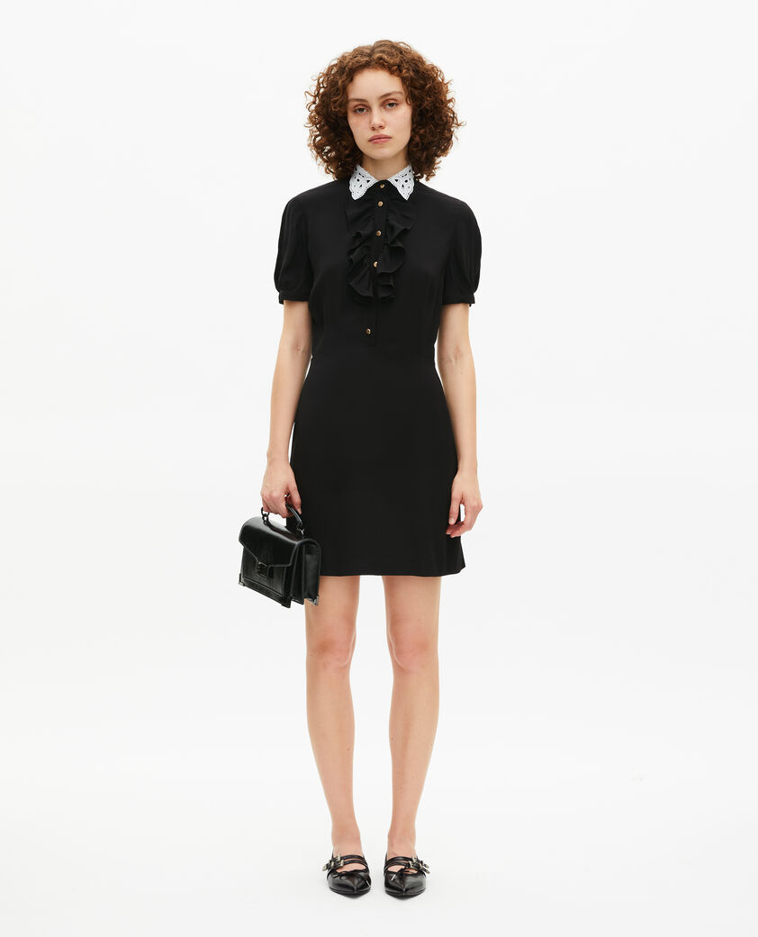 The Kooples FEMME BLACK robe à col brodé contrasté courte noire
