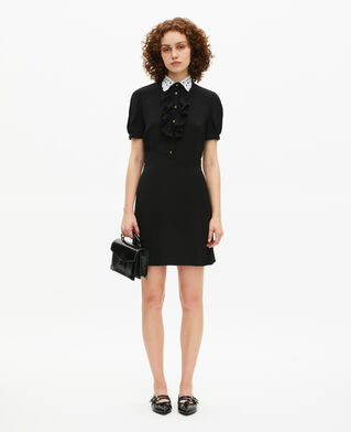The Kooples FEMME BLACK robe à col brodé contrasté courte noire