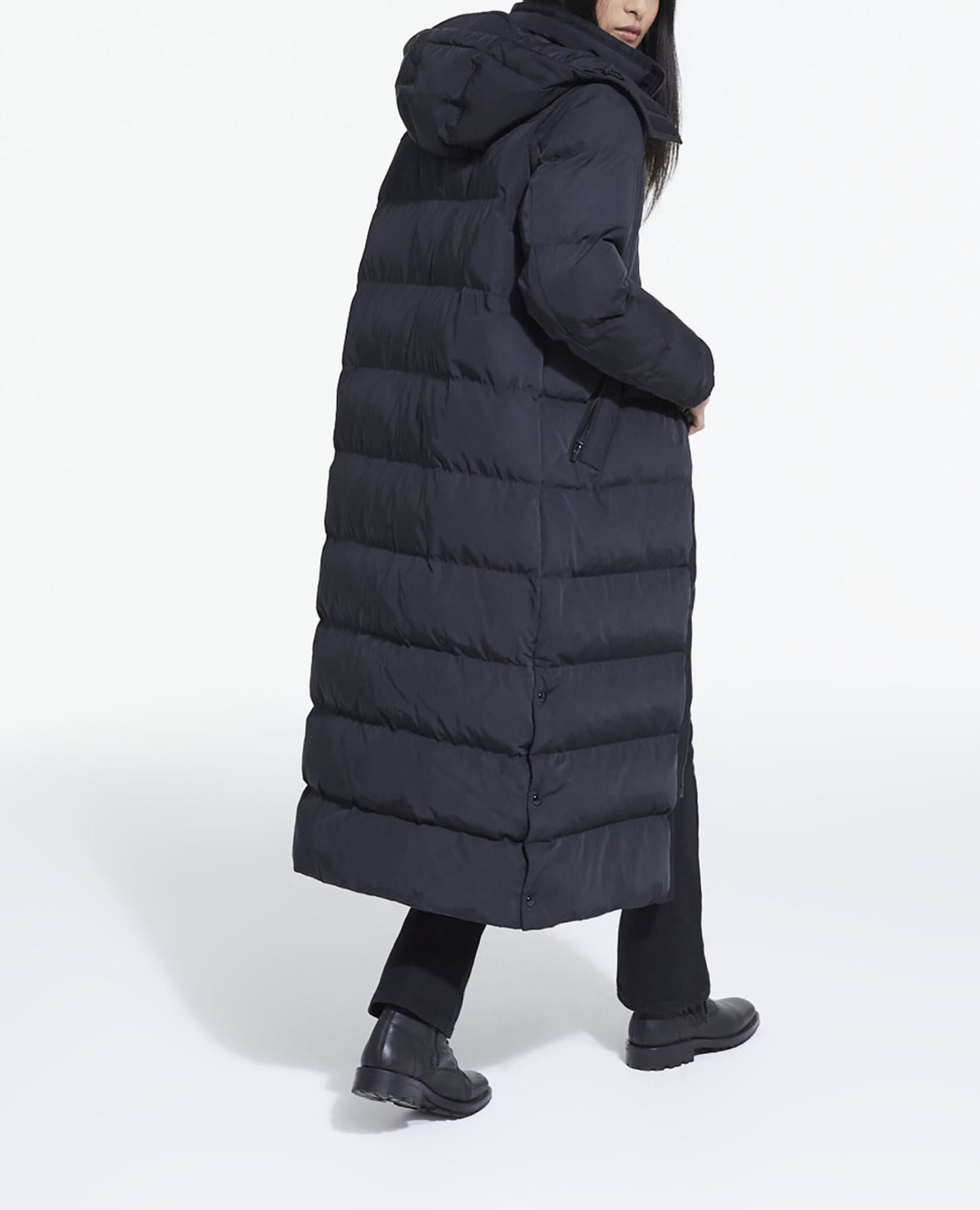 Long black down jacket with straps and logo, BLACK, hi-res image number null