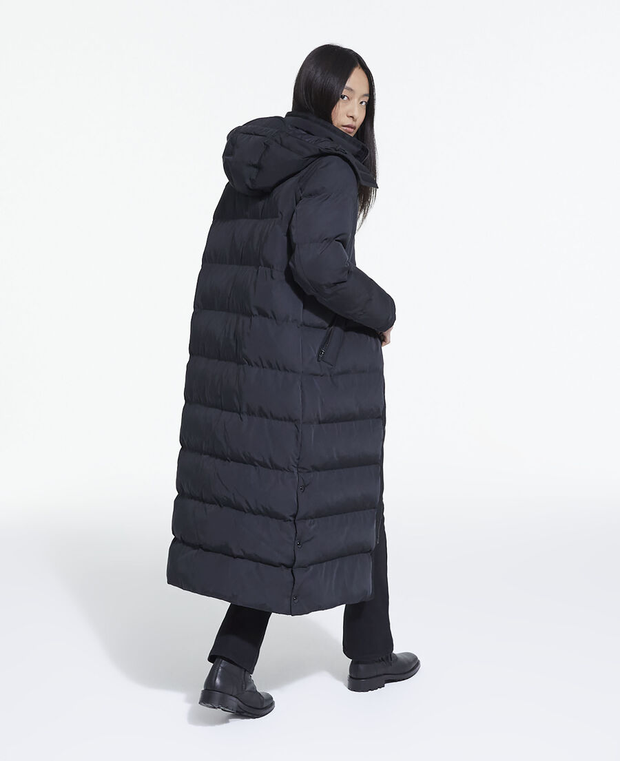 long black down jacket with straps and logo