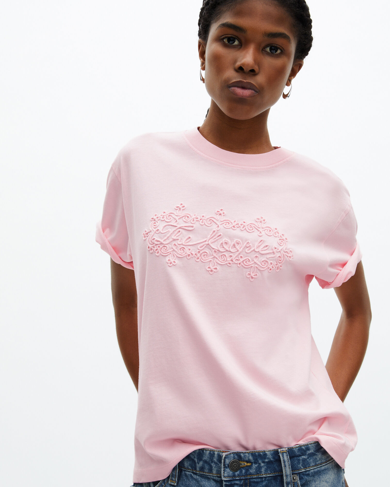 Women's pale pink logo embroidery T-shirt, LILA, hi-res image number null