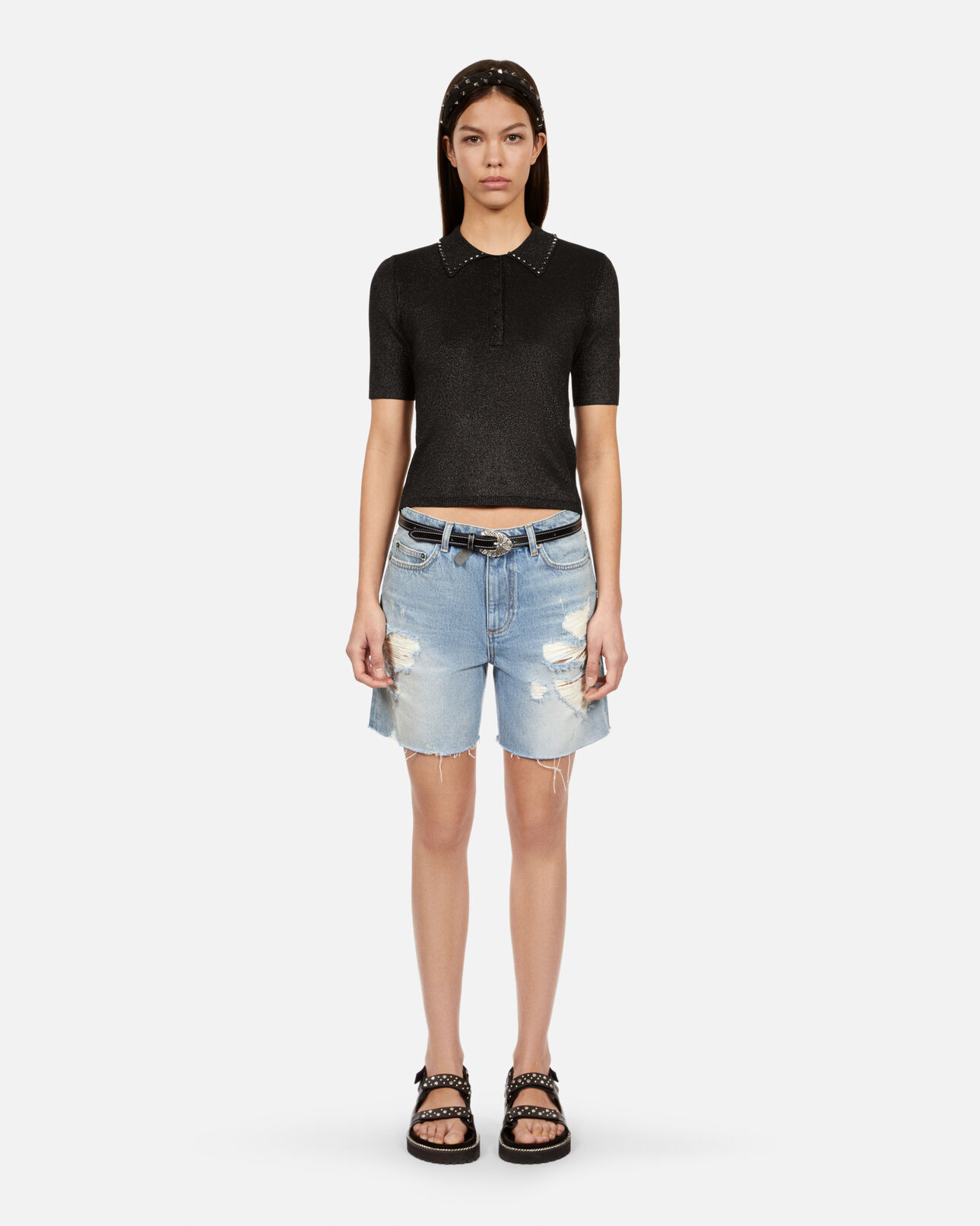 The Kooples WOMEN BLACK black mesh polo t-shirt