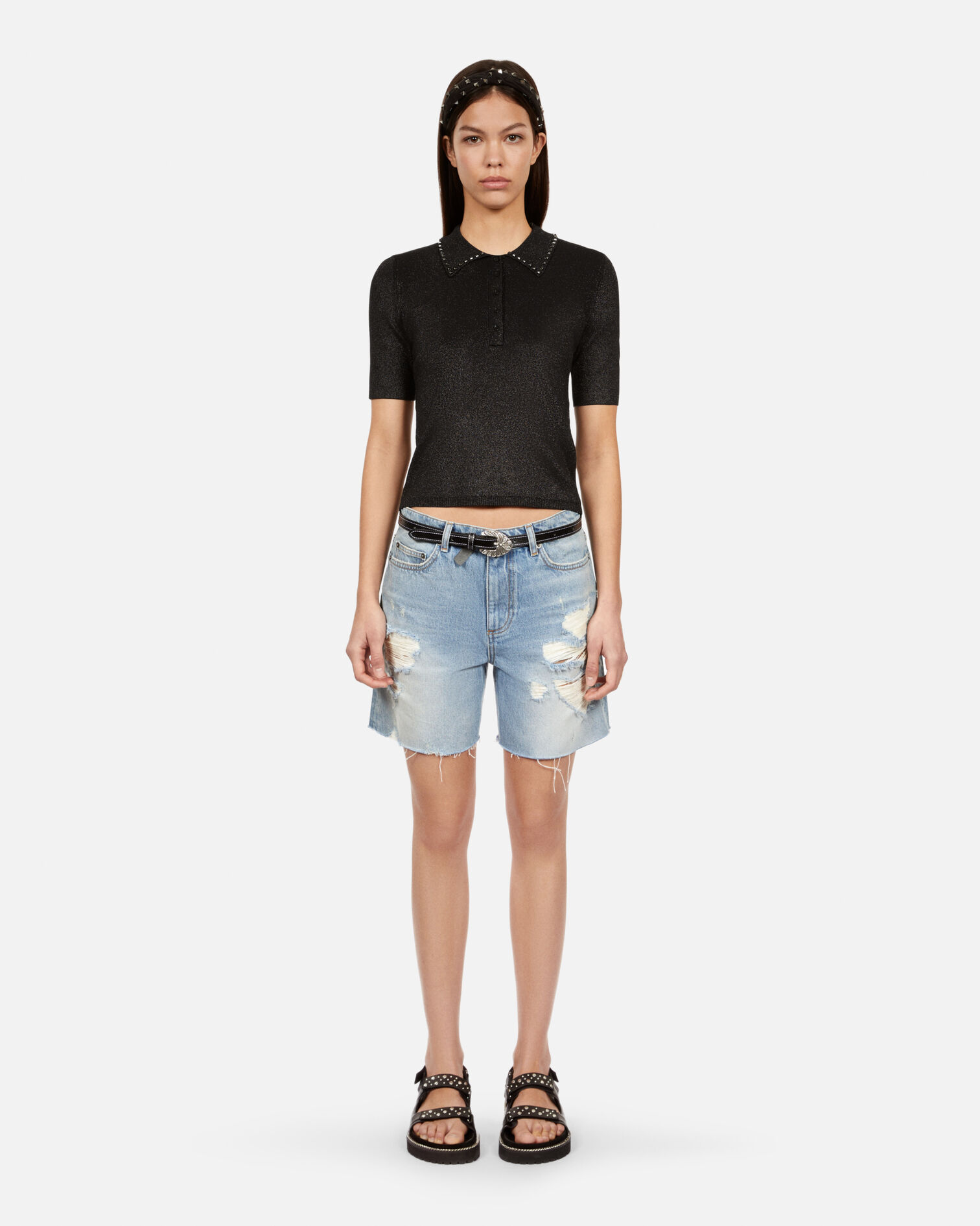 Black mesh polo t-shirt, BLACK, hi-res image number null