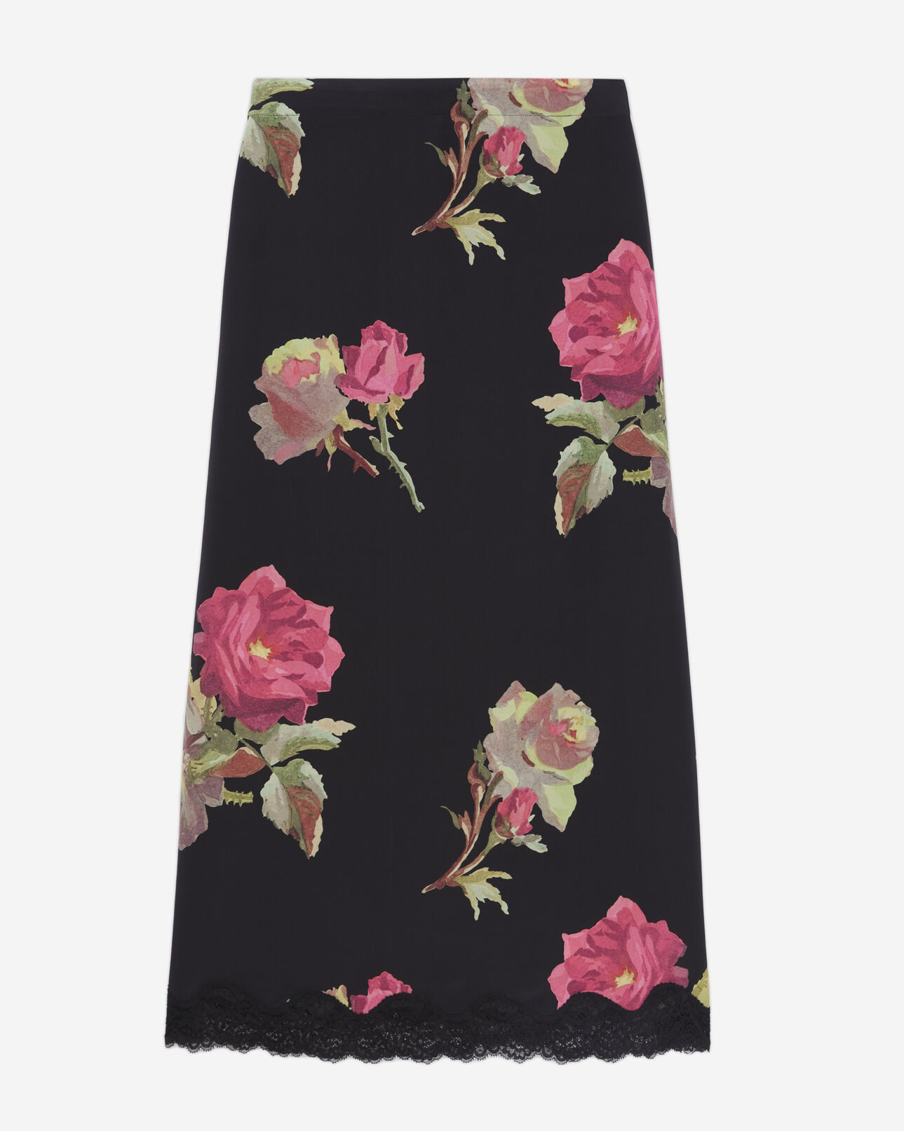 The Kooples WOMEN PINK BLACK long printed silk skirt with lace