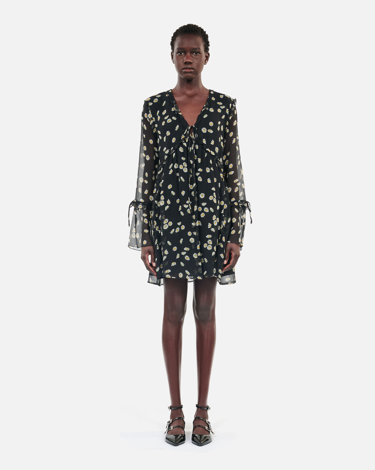 The Kooples WOMEN BLACK WHITE floral printed silk short dress
