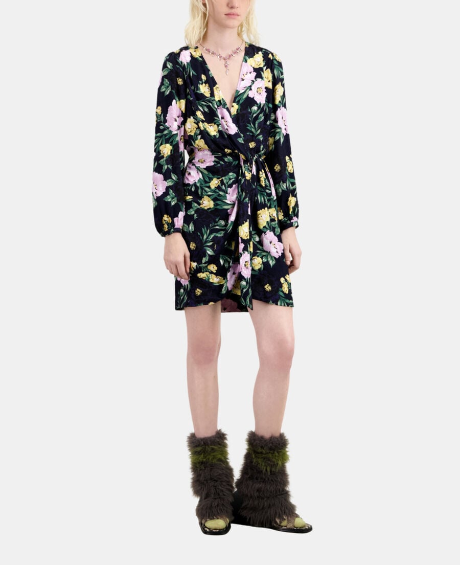 The Kooples FEMME LIGHT PINK / DARK NAVY robe courte fleurie avec drapé