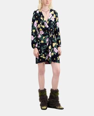 The Kooples FEMME LIGHT PINK / DARK NAVY robe courte fleurie avec drapé