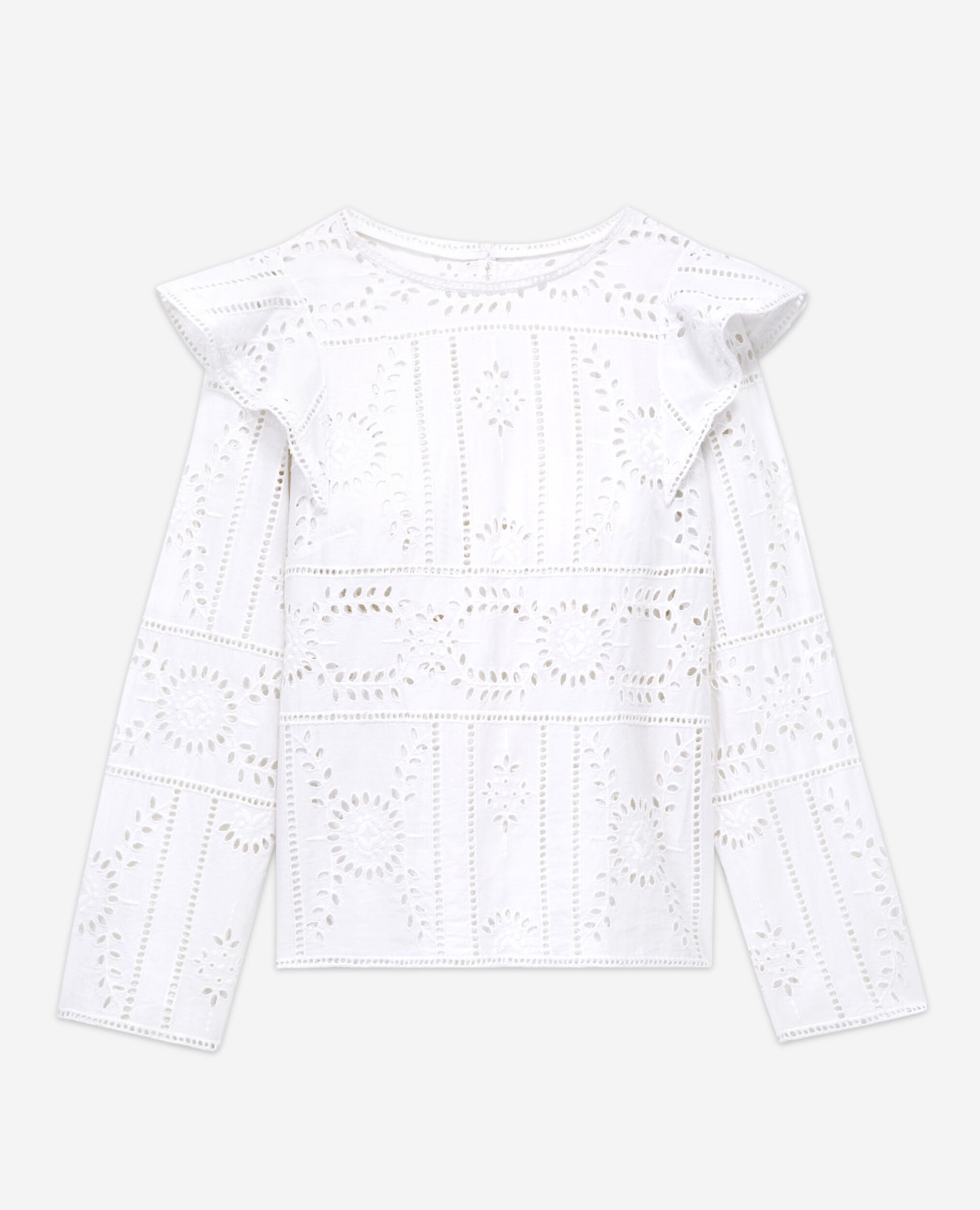 Top blanc brodé manches longues volants, WHITE, hi-res image number null